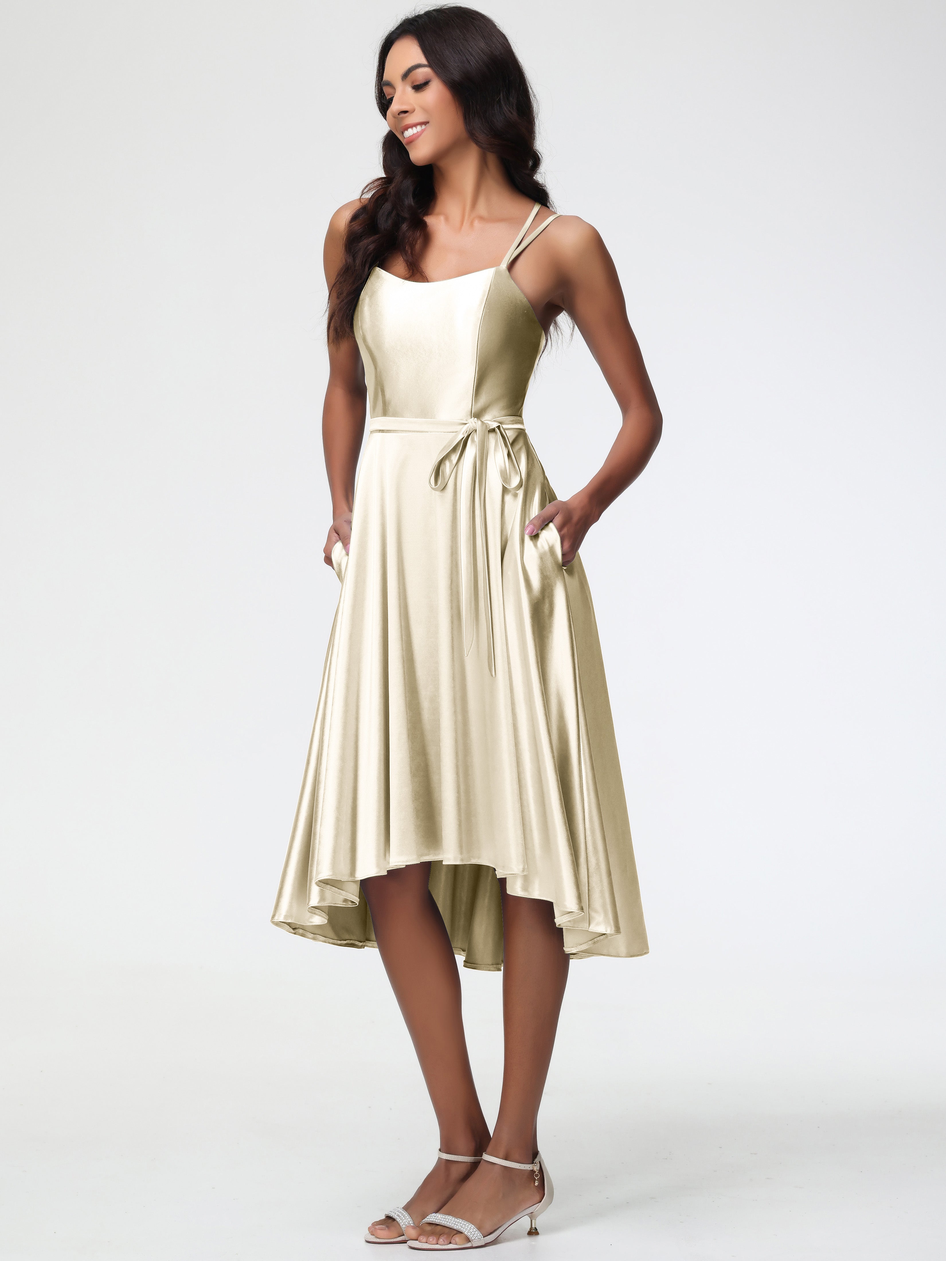 Champagne Colour Prom Dress High Low A Line Knee Length Spaghetti Straps Stretch Satin Prom Dress