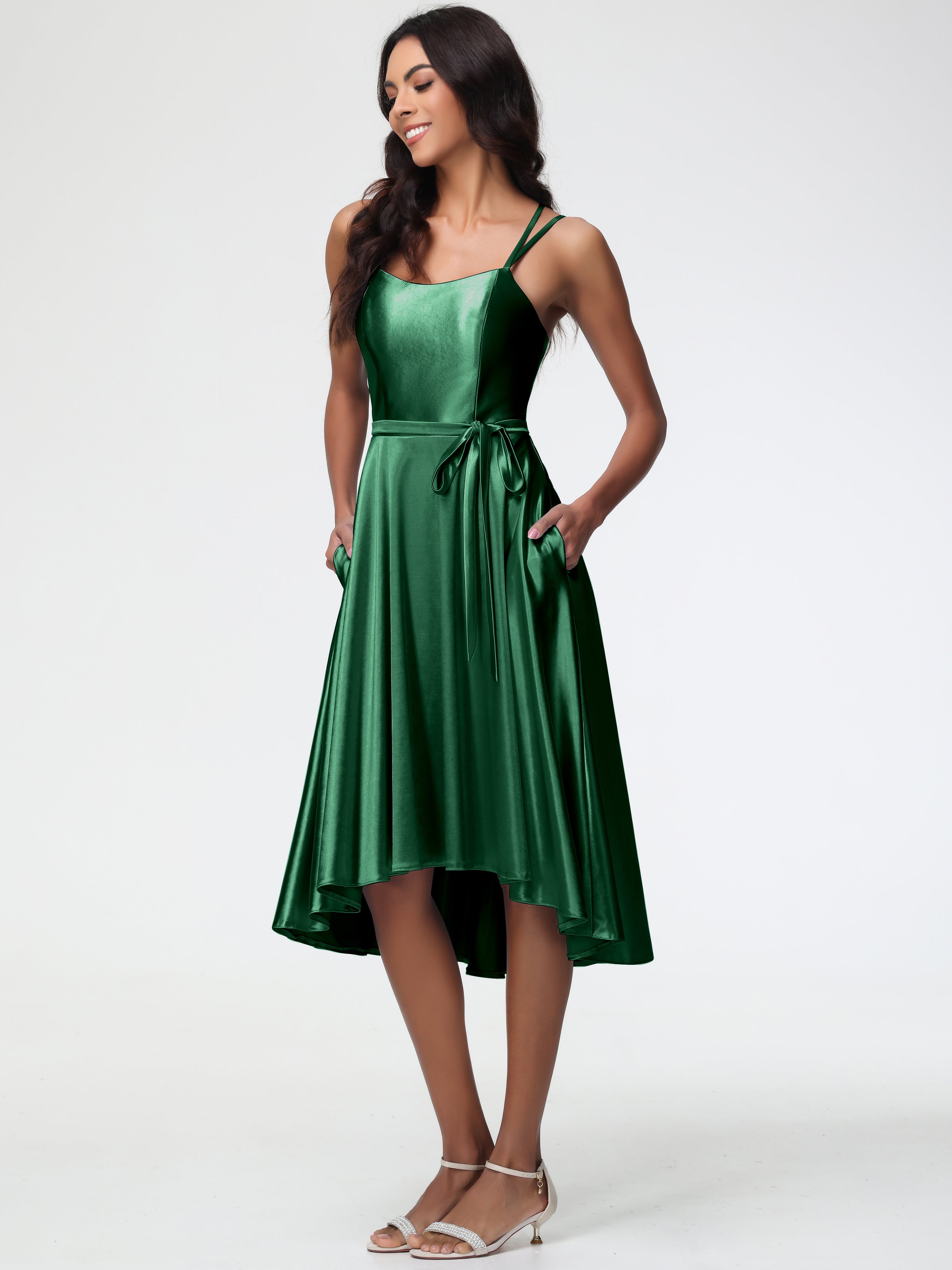 Very Dark Green Bridesmaid Dresses A Line High Low Spaghetti Straps Stretch Satin Bridesmaid Dress Very Dark Green Bridesmaid Dresses A Line High Low Spaghetti Straps Stretch Satin Bridesmaid Dress
