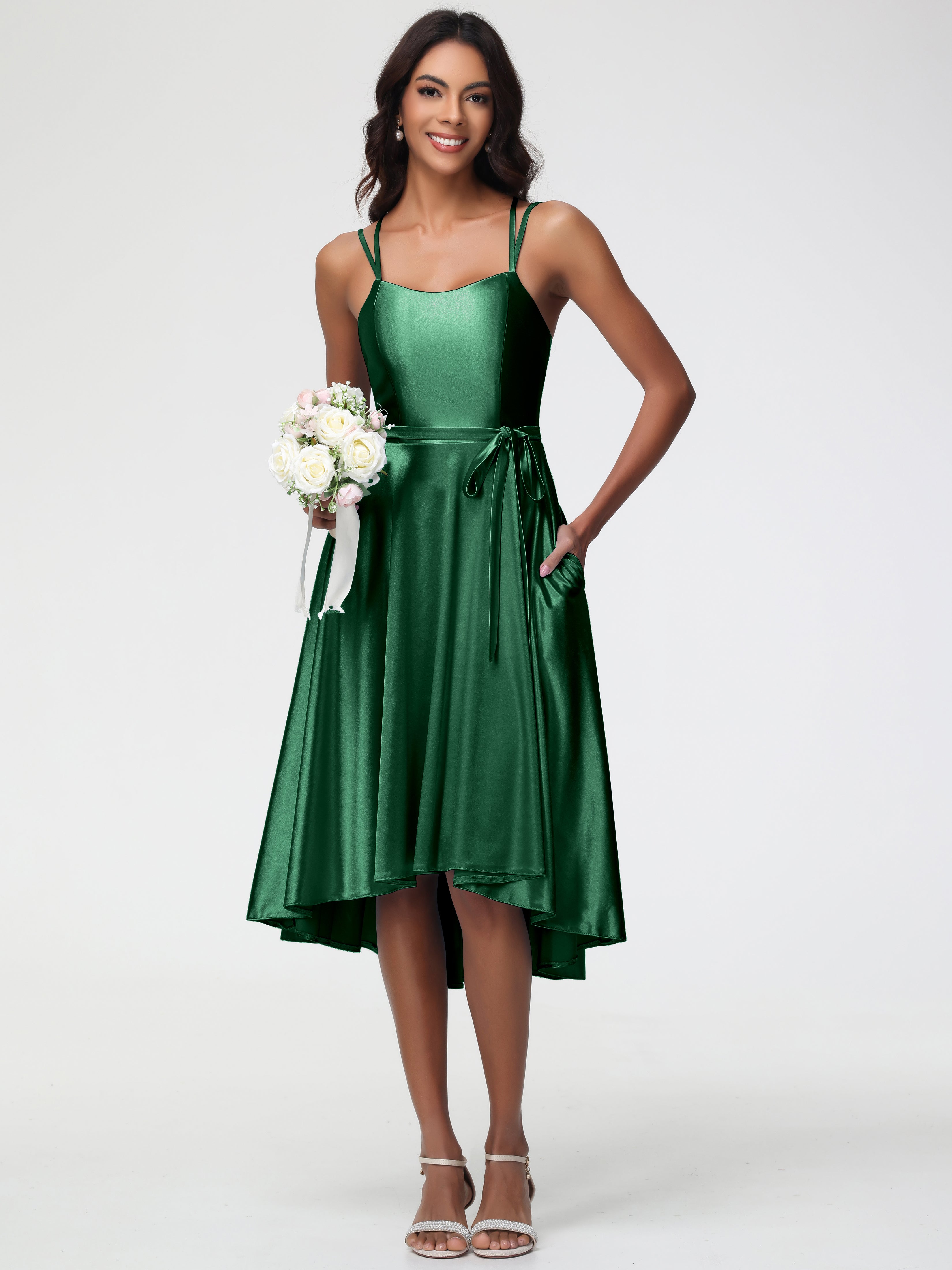 Dark Green Prom Dresses High Low A Line Knee Length Spaghetti Straps Stretch Satin Prom Dress Dark Green Prom Dresses High Low A Line Knee Length Spaghetti Straps Stretch Satin Prom Dress