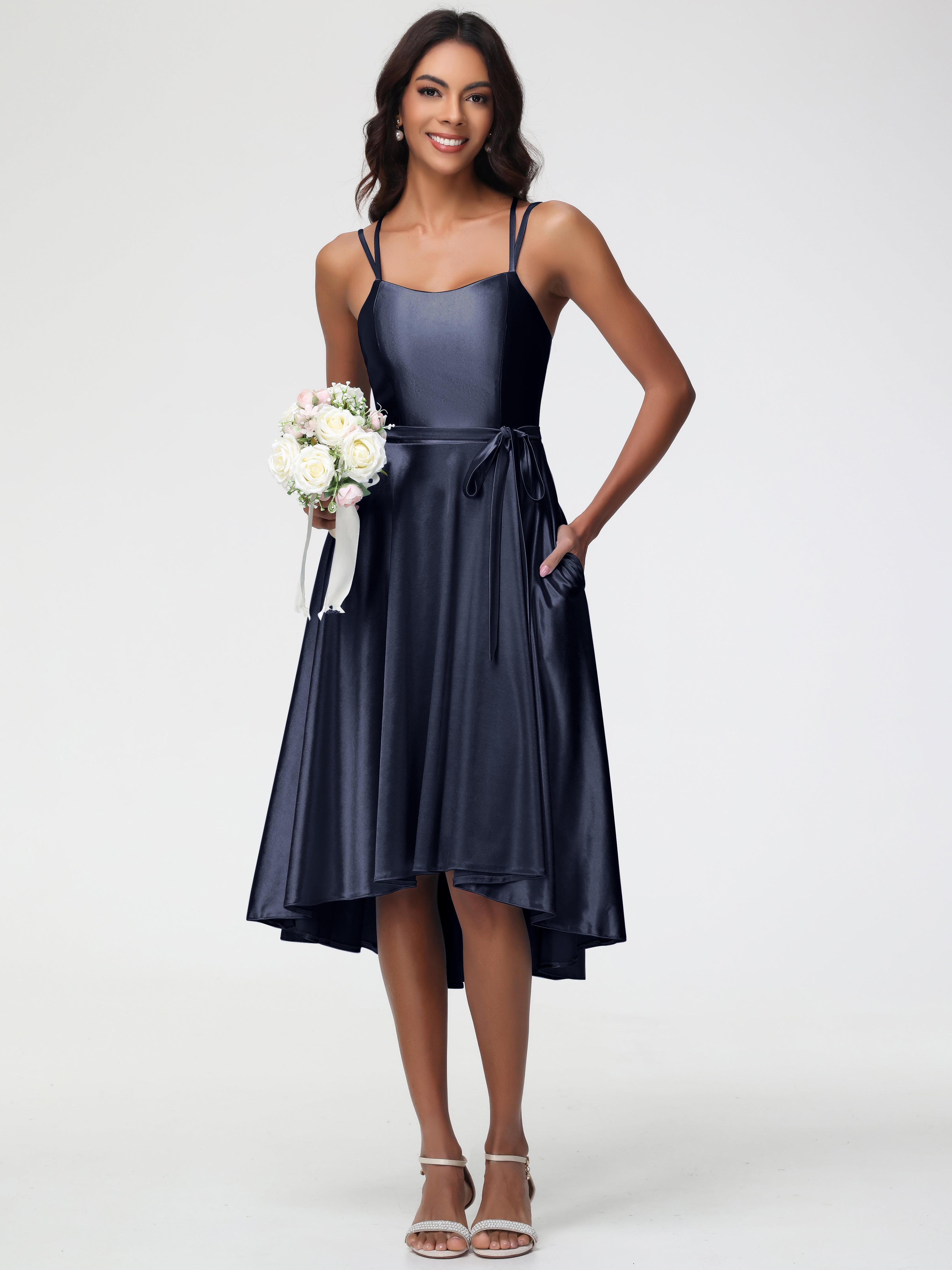 Dark Navy Prom Dresses High Low A Line Knee Length Spaghetti Straps Stretch Satin Prom Dress Dark Navy Prom Dresses High Low A Line Knee Length Spaghetti Straps Stretch Satin Prom Dress