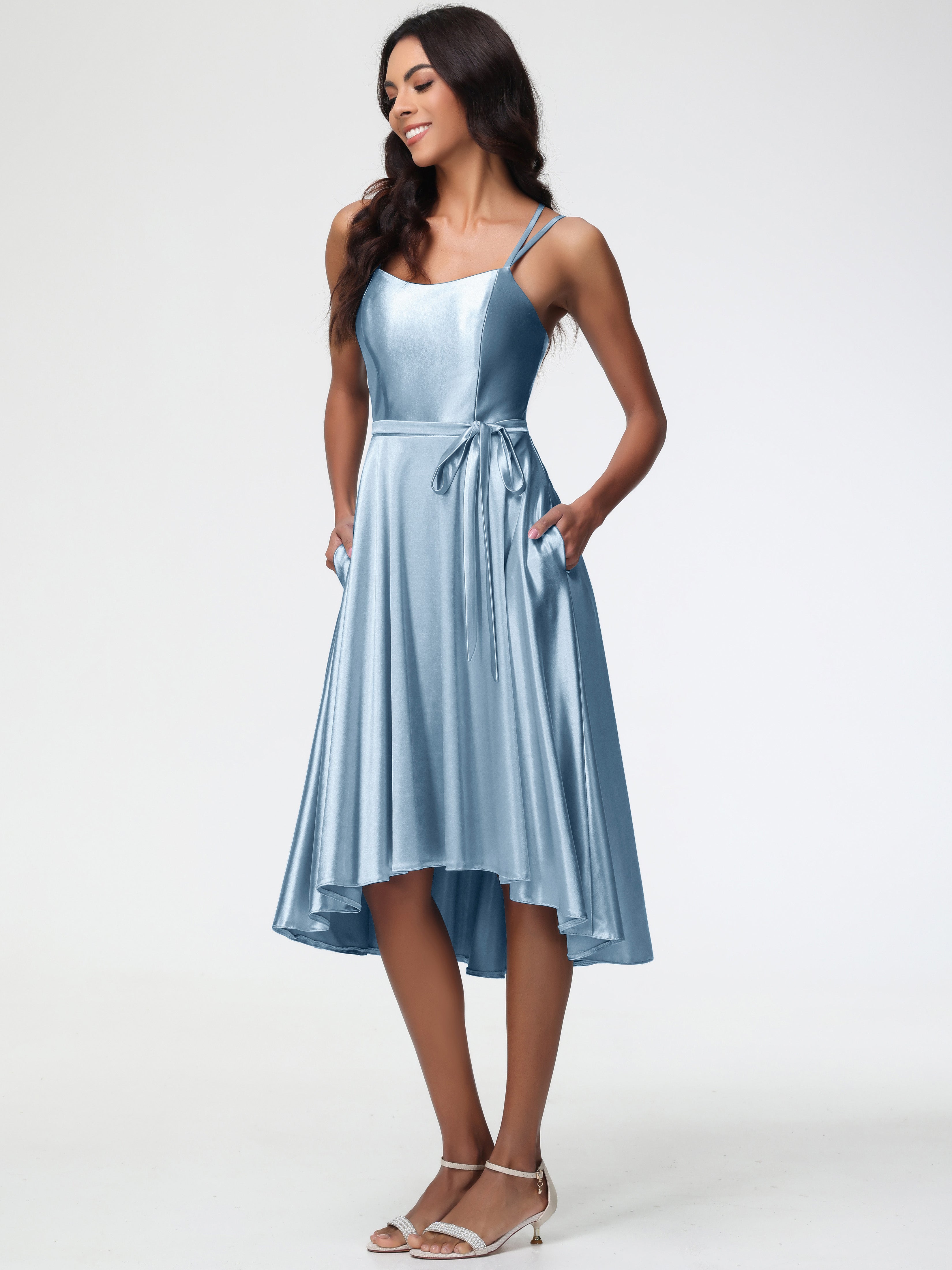 Dusty Blue Halter Prom Dress High Low A Line Knee Length Spaghetti Str Dusty Blue Halter Prom Dress High Low A Line Knee Length Spaghetti Str