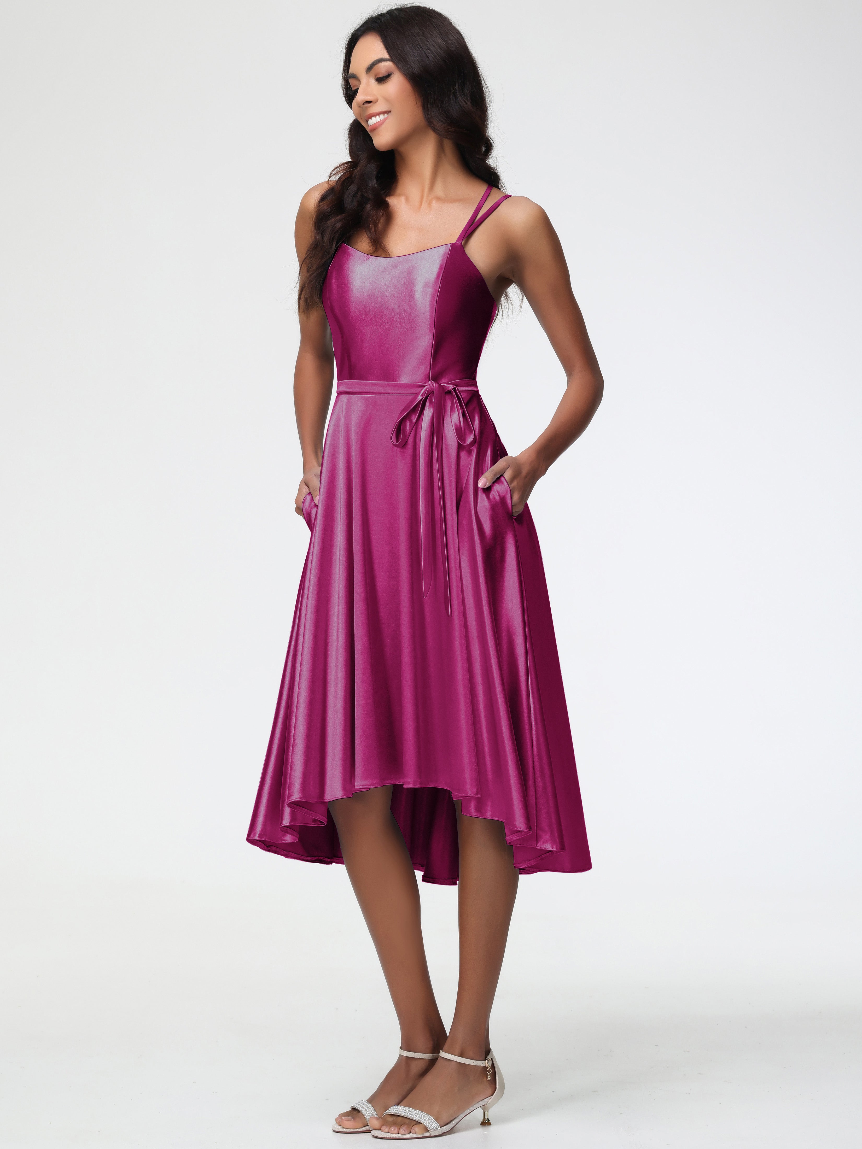 Fuchsia Color Formal Dress High Low A Line Knee Length Spaghetti Straps Stretch Satin Formal Dress Fuchsia Color Formal Dress High Low A Line Knee Length Spaghetti Straps Stretch Satin Formal Dress