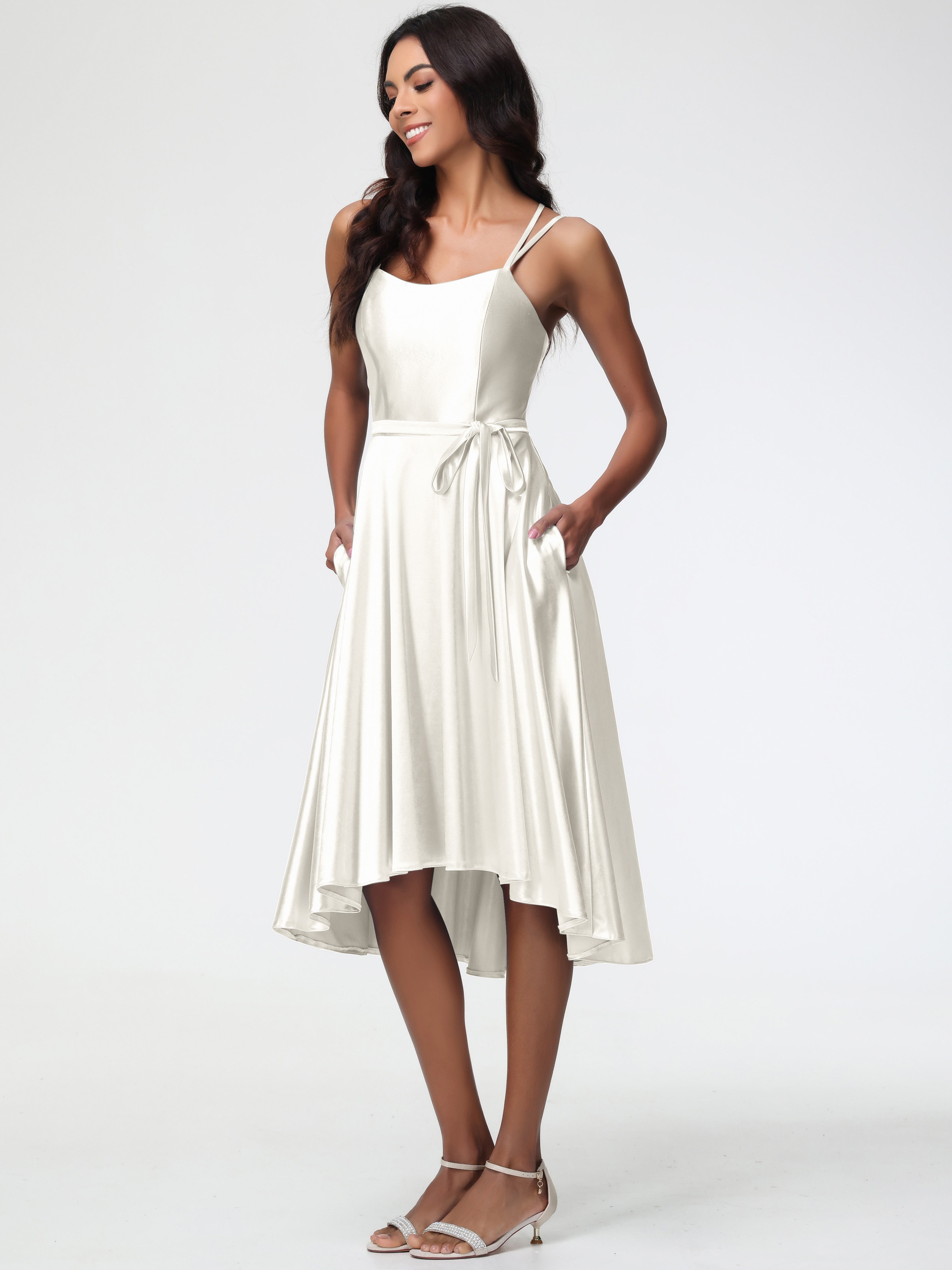 Ivory Satin Formal Dress High Low A Line Knee Length Spaghetti Straps Stretch Satin Formal Dress Ivory Satin Formal Dress High Low A Line Knee Length Spaghetti Straps Stretch Satin Formal Dress