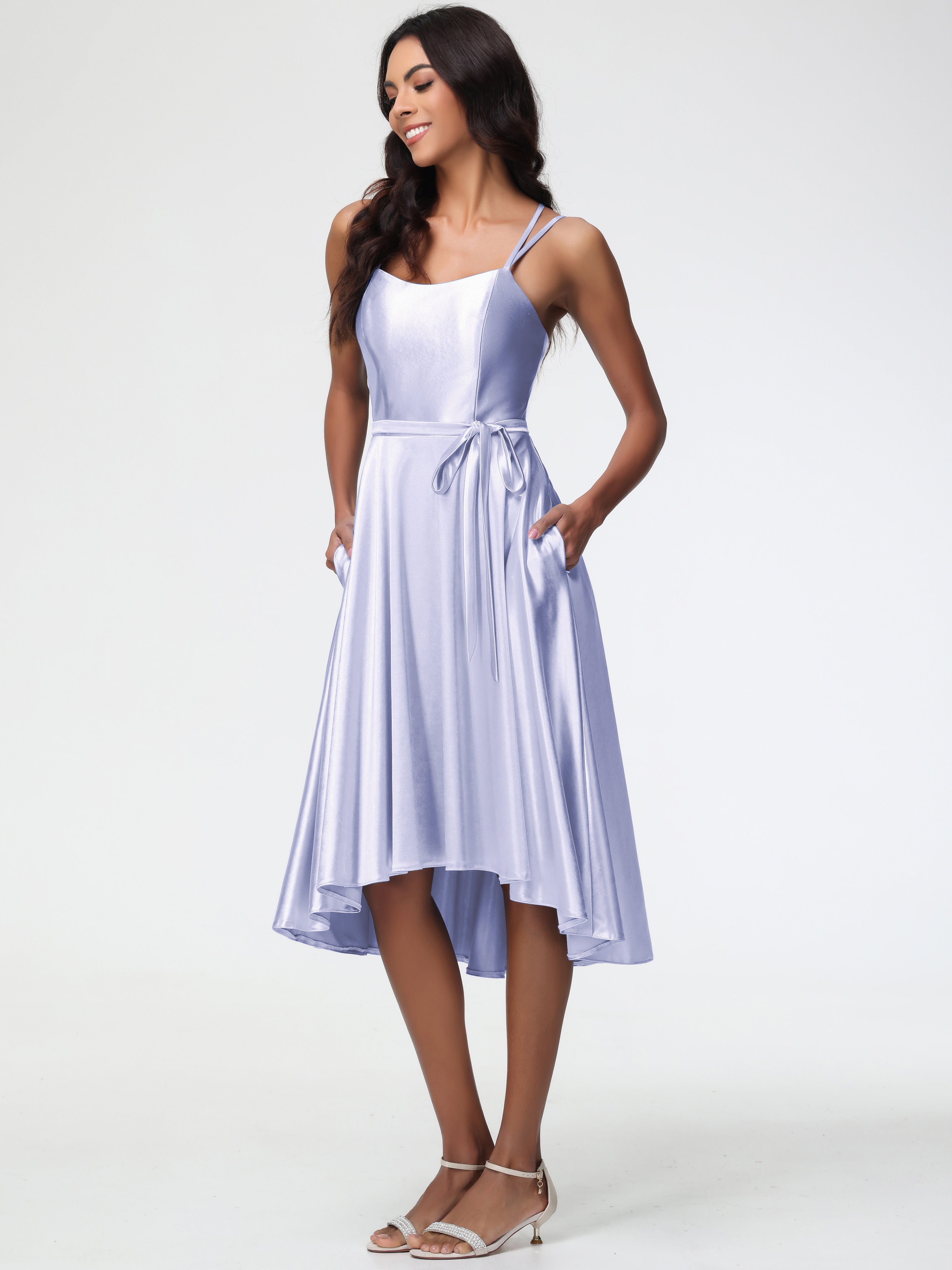 Long Lavender Formal Dresses High Low A Line Knee Length Spaghetti Straps Stretch Satin Formal Dress Long Lavender Formal Dresses High Low A Line Knee Length Spaghetti Straps Stretch Satin Formal Dress