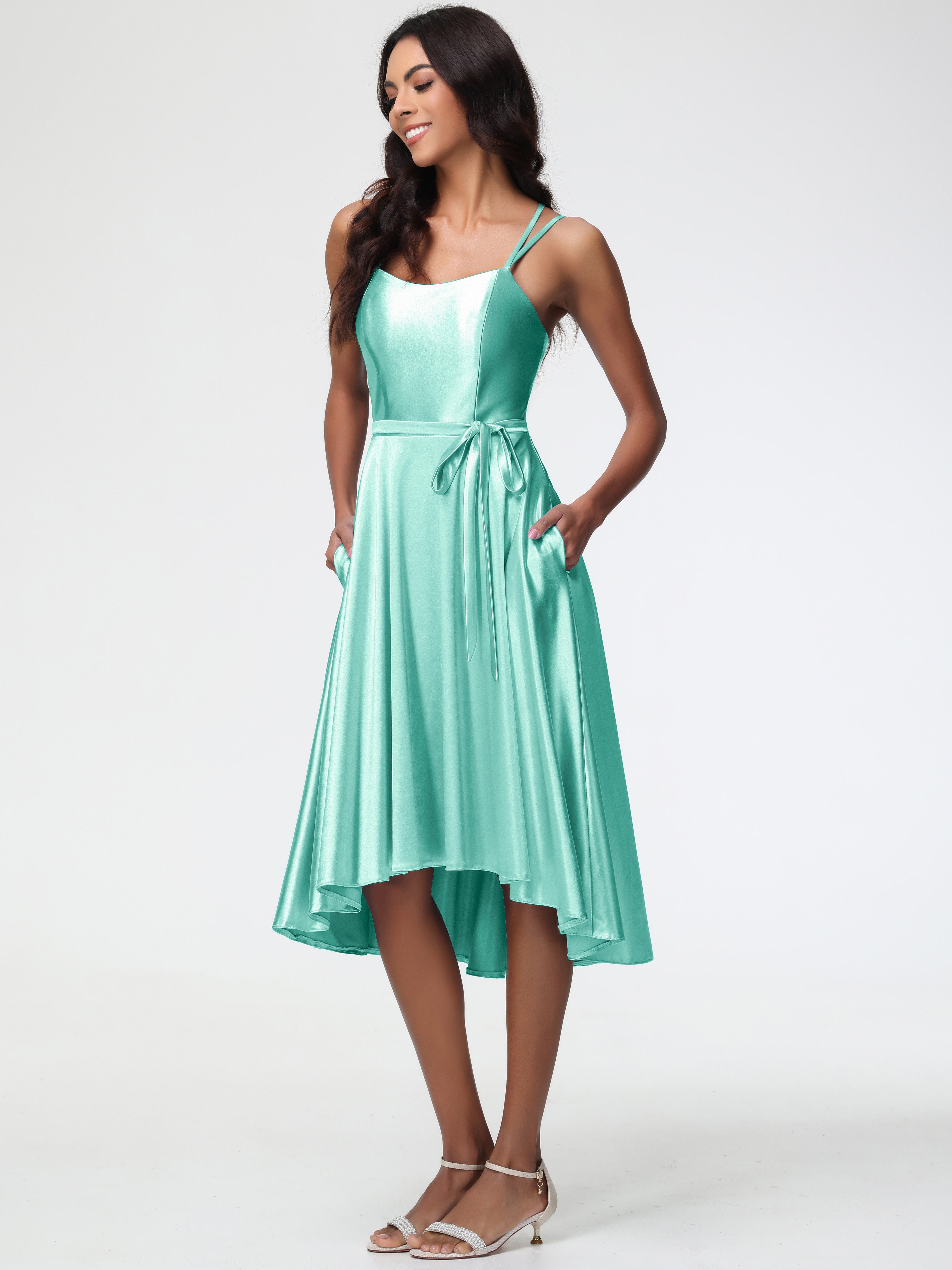 Mint Green Prom Dress High Low A Line Knee Length Spaghetti Straps Stretch Satin Prom Dress Mint Green Prom Dress High Low A Line Knee Length Spaghetti Straps Stretch Satin Prom Dress