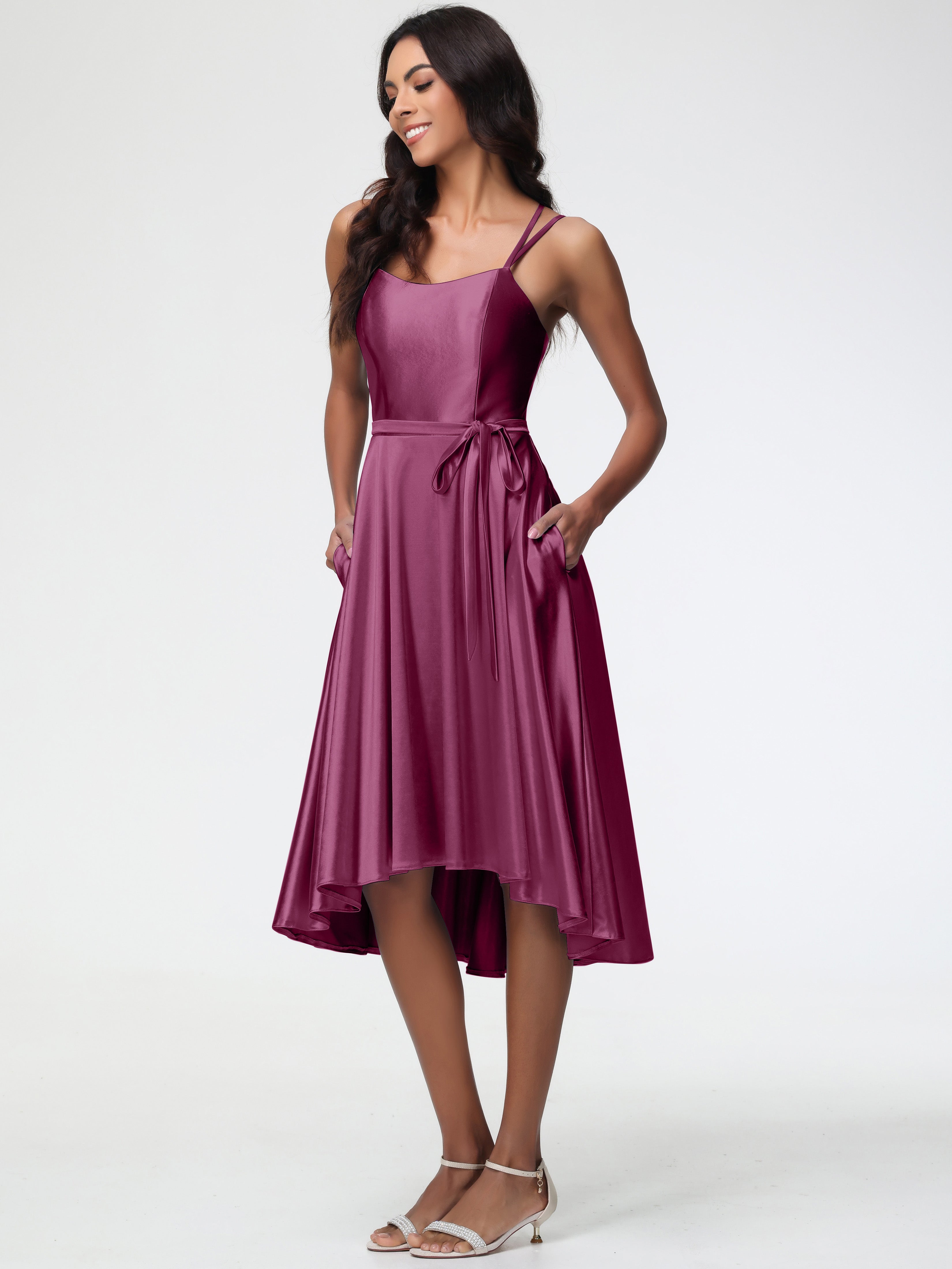 Mulberry Color Bridesmaid Dresses A Line High Low Spaghetti Straps Str Mulberry Color Bridesmaid Dresses A Line High Low Spaghetti Straps Str