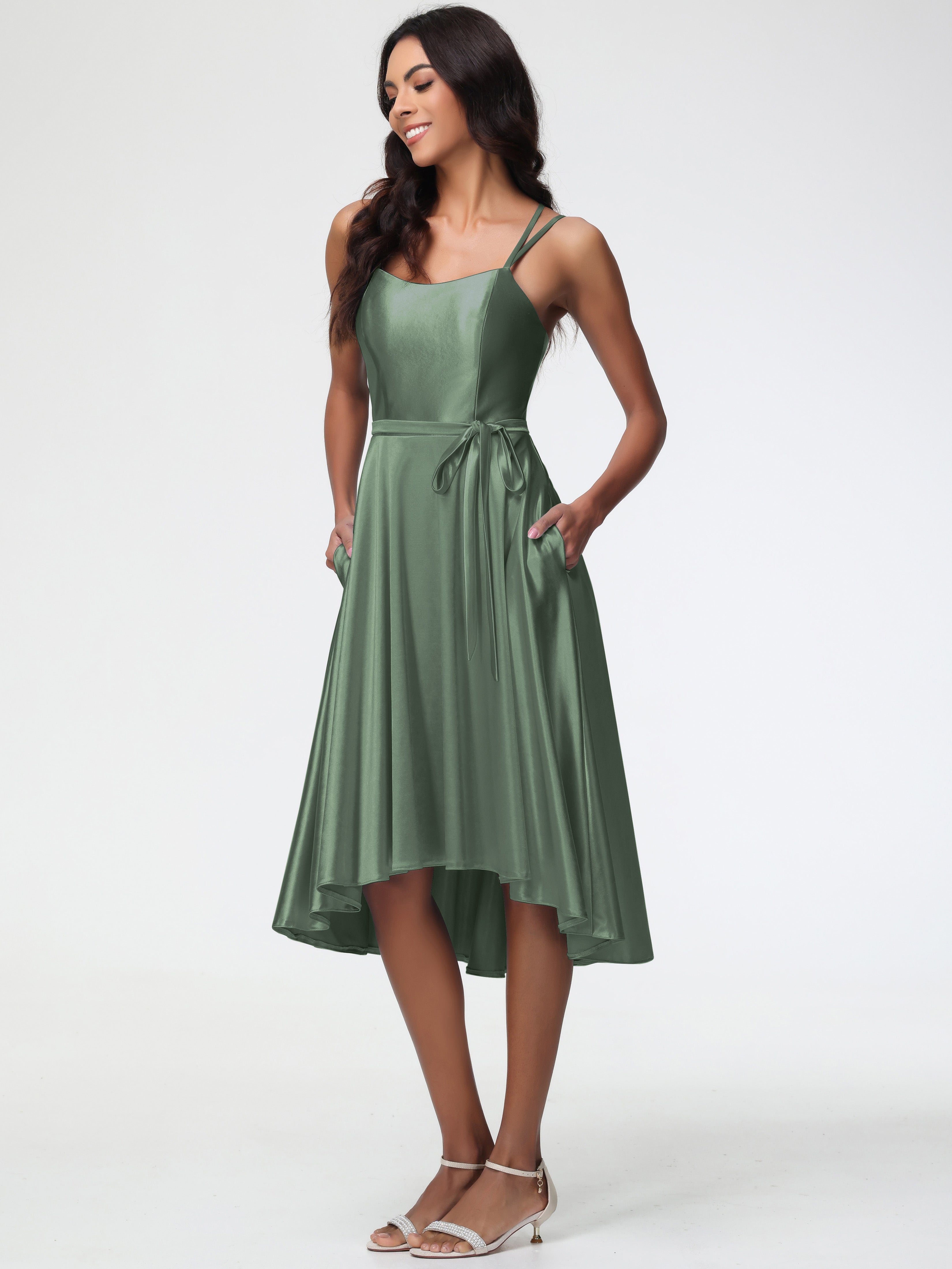 Olive Green Prom Dresses High Low A Line Knee Length Spaghetti Straps Olive Green Prom Dresses High Low A Line Knee Length Spaghetti Straps