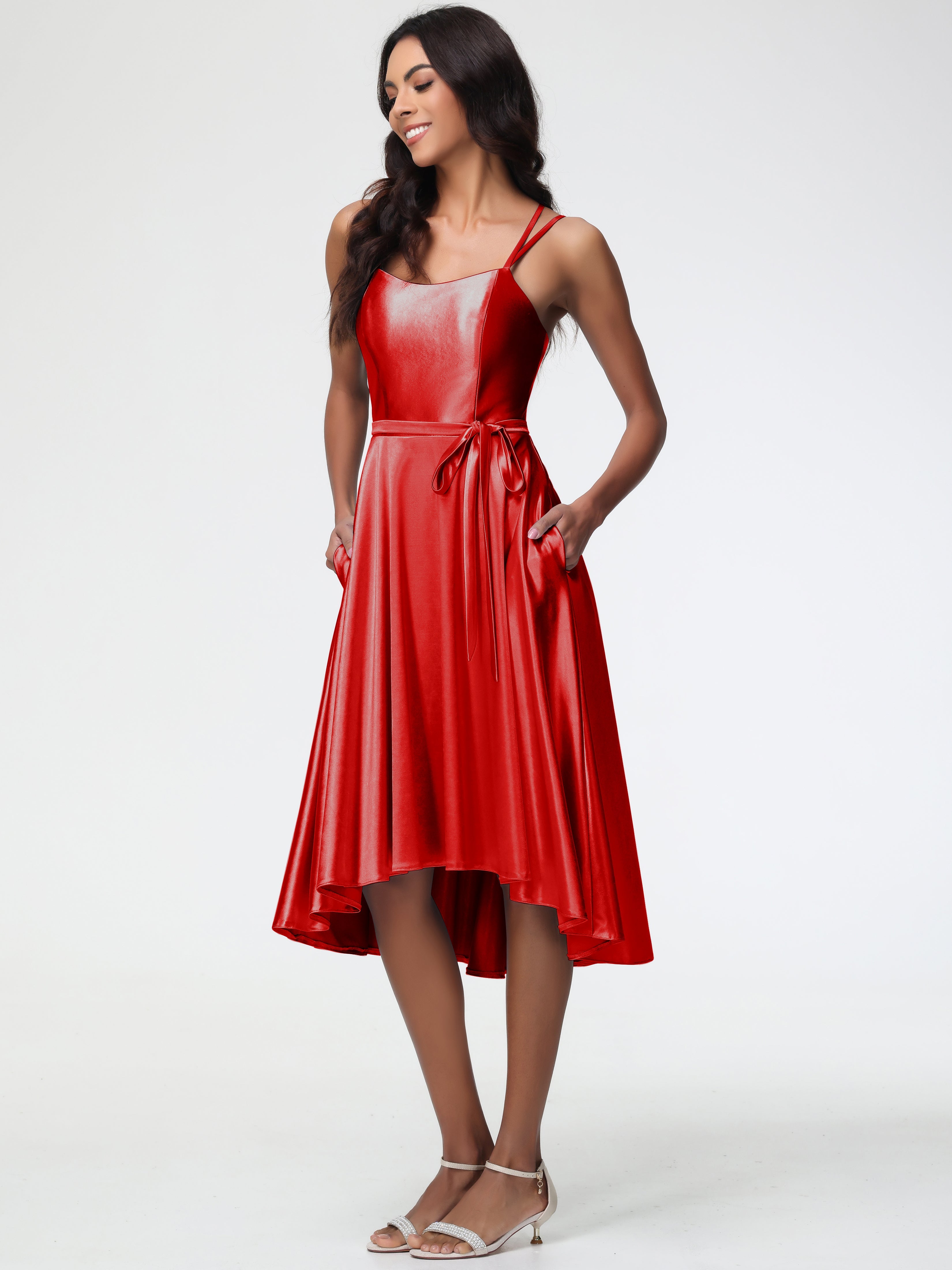 Formal Red Dresses High Low A Line Knee Length Spaghetti Straps Stretch Satin Formal Dress Formal Red Dresses High Low A Line Knee Length Spaghetti Straps Stretch Satin Formal Dress