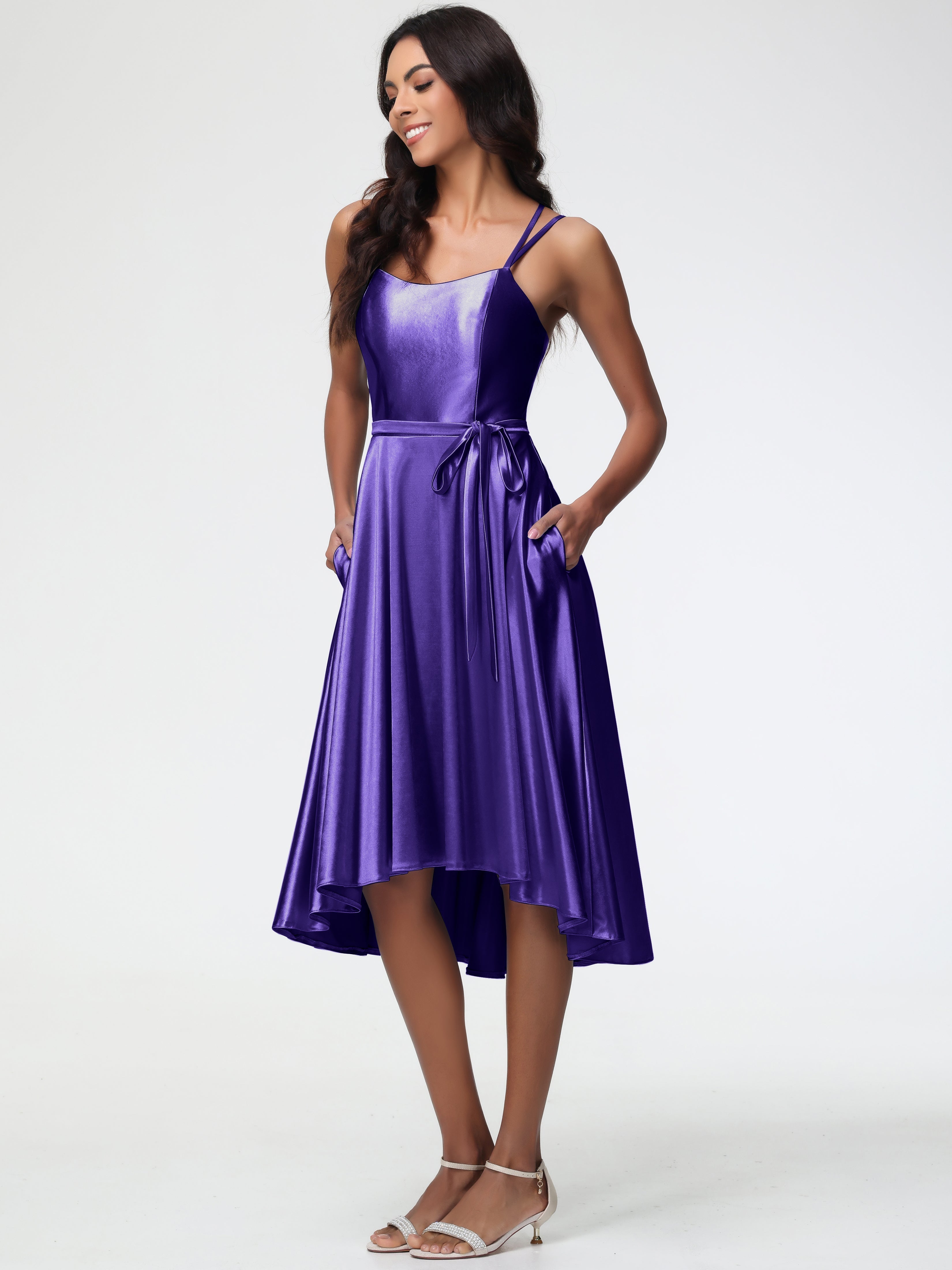 Regency Purple Formal Dress High Low A Line Knee Length Spaghetti Straps Stretch Satin Formal Dress Regency Purple Formal Dress High Low A Line Knee Length Spaghetti Straps Stretch Satin Formal Dress