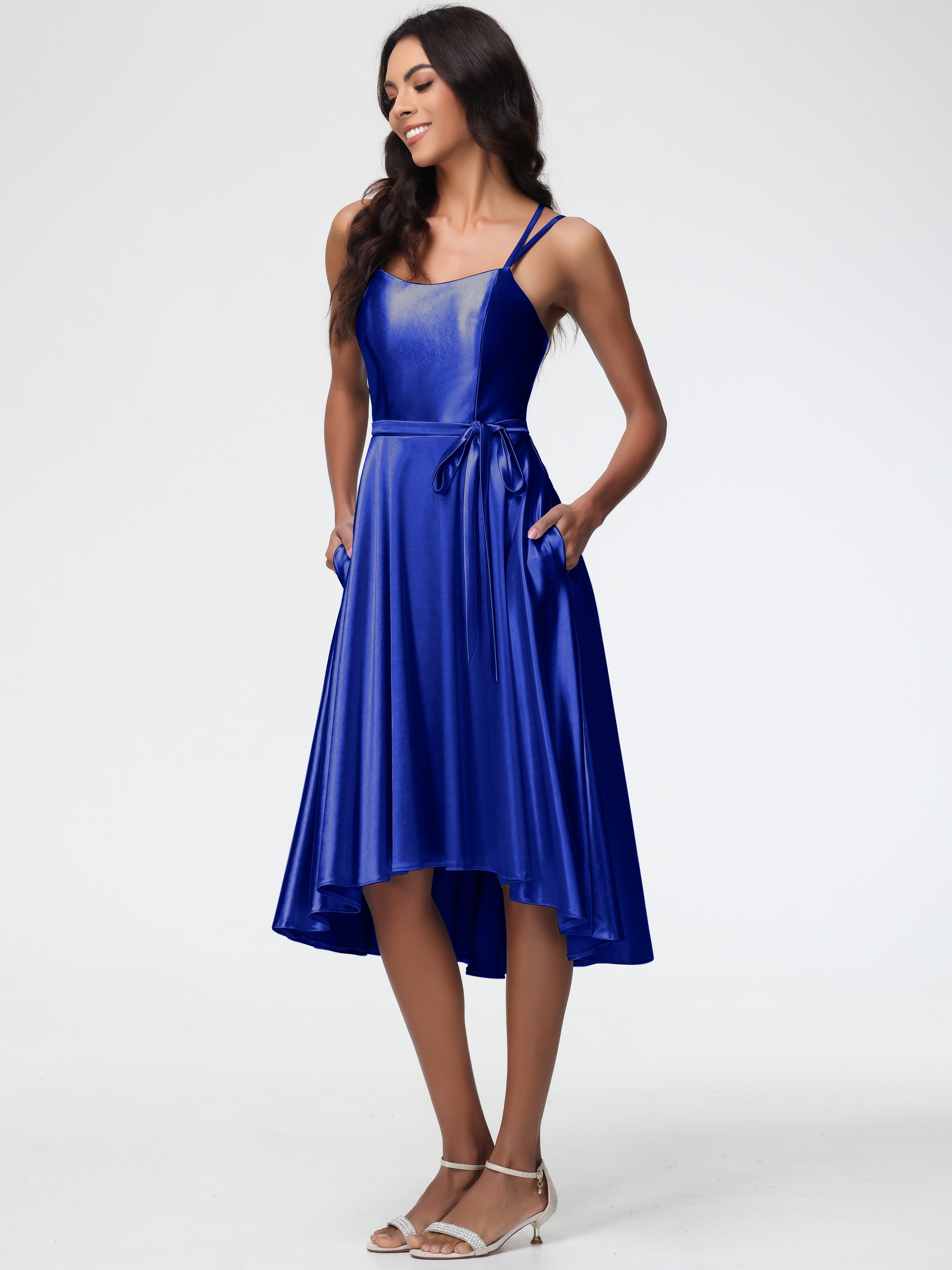 Royal Blue Blue Prom Dress High Low A Line Knee Length Spaghetti Straps Stretch Satin Prom Dress Royal Blue Blue Prom Dress High Low A Line Knee Length Spaghetti Straps Stretch Satin Prom Dress