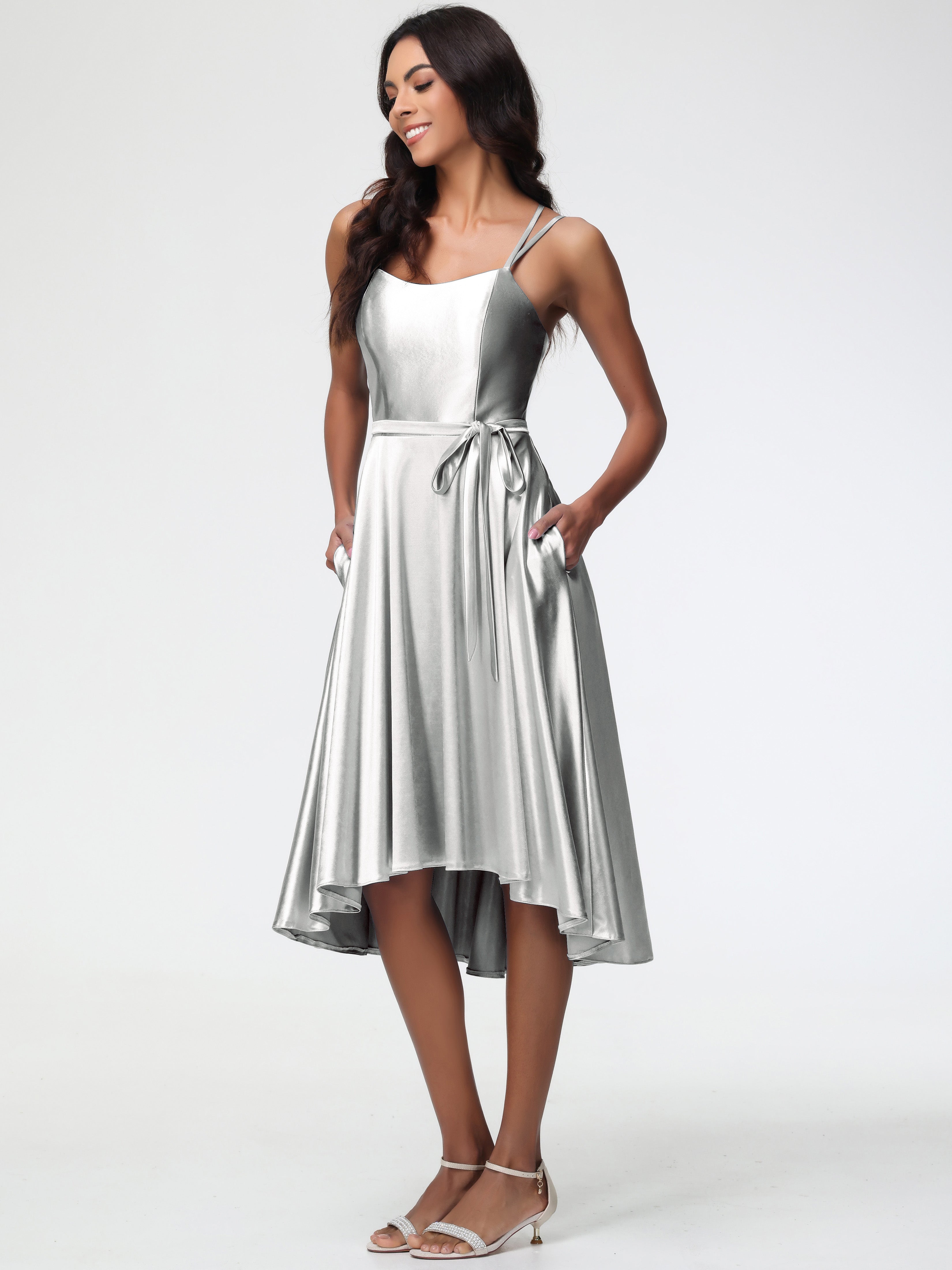 Formal Dress Silver High Low A Line Knee Length Spaghetti Straps Stretch Satin Formal Dress Formal Dress Silver High Low A Line Knee Length Spaghetti Straps Stretch Satin Formal Dress