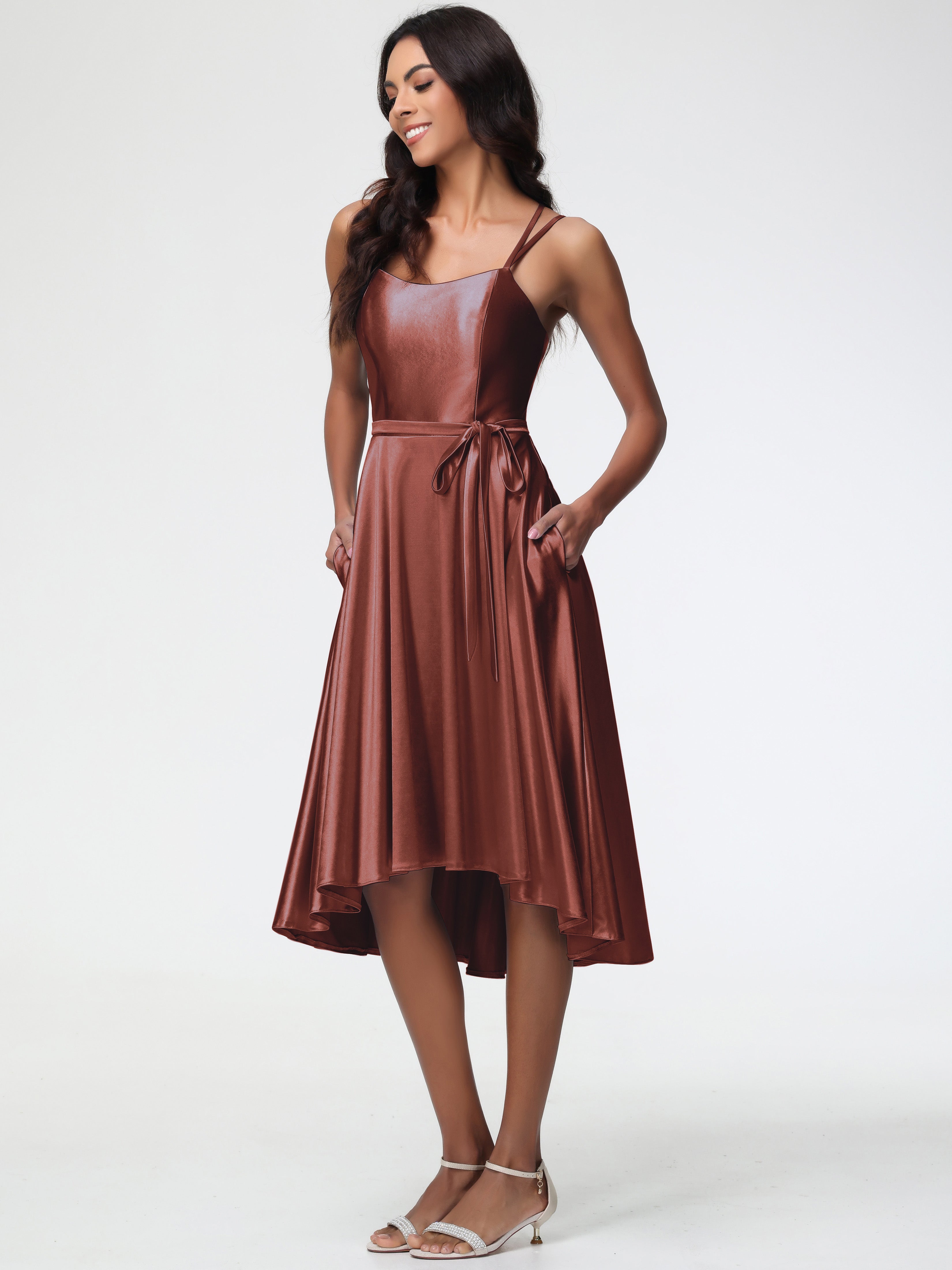Terracotta Color Formal Dresses High Low A Line Knee Length Spaghetti Straps Stretch Satin Formal Dress Terracotta Color Formal Dresses High Low A Line Knee Length Spaghetti Straps Stretch Satin Formal Dress
