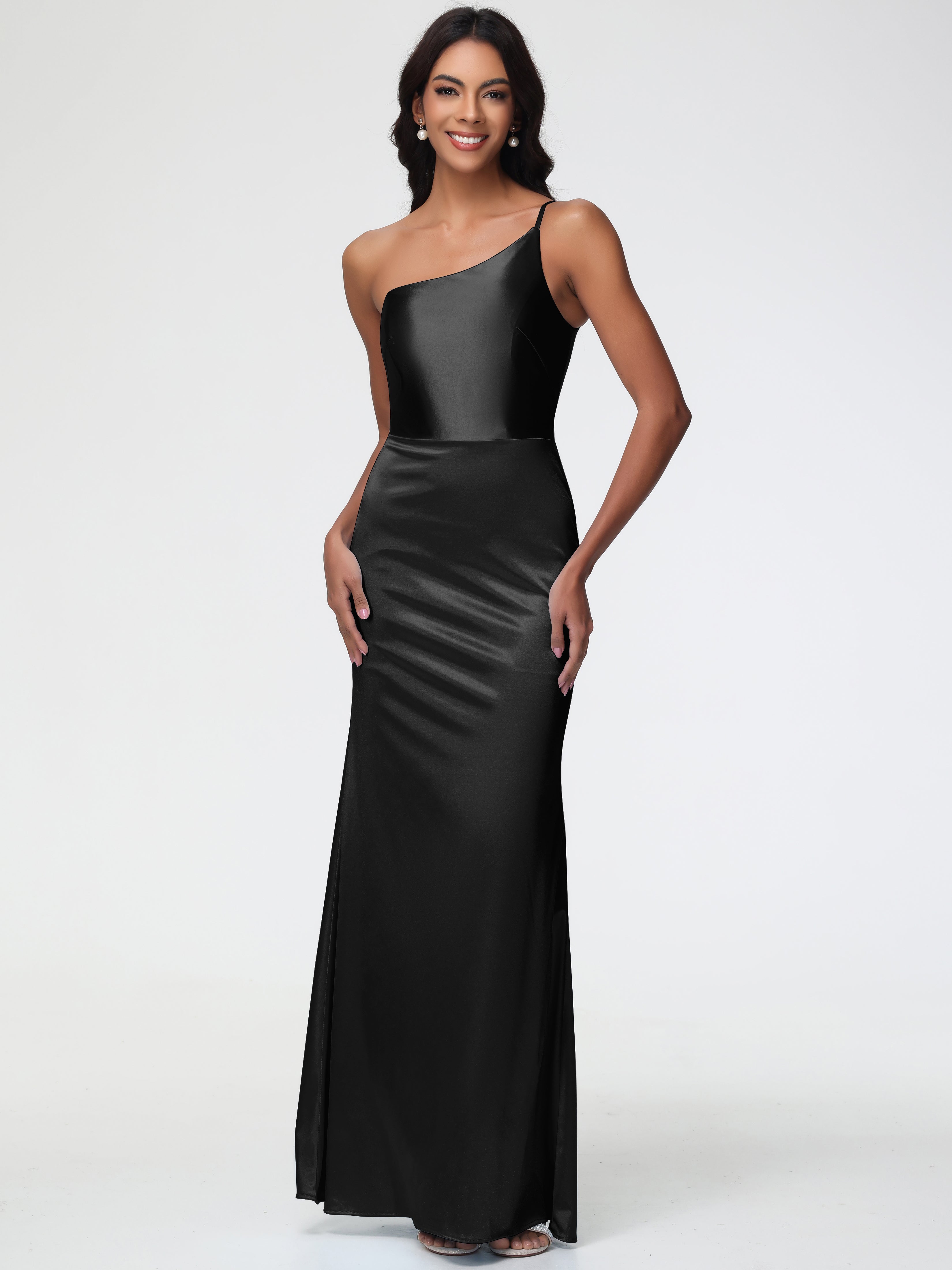 Black Bridesmaid Dress One Shoulder Minimalist Sheath/Column Stretch Satin Long Bridesmaid Dress Black Bridesmaid Dress One Shoulder Minimalist Sheath/Column Stretch Satin Long Bridesmaid Dress
