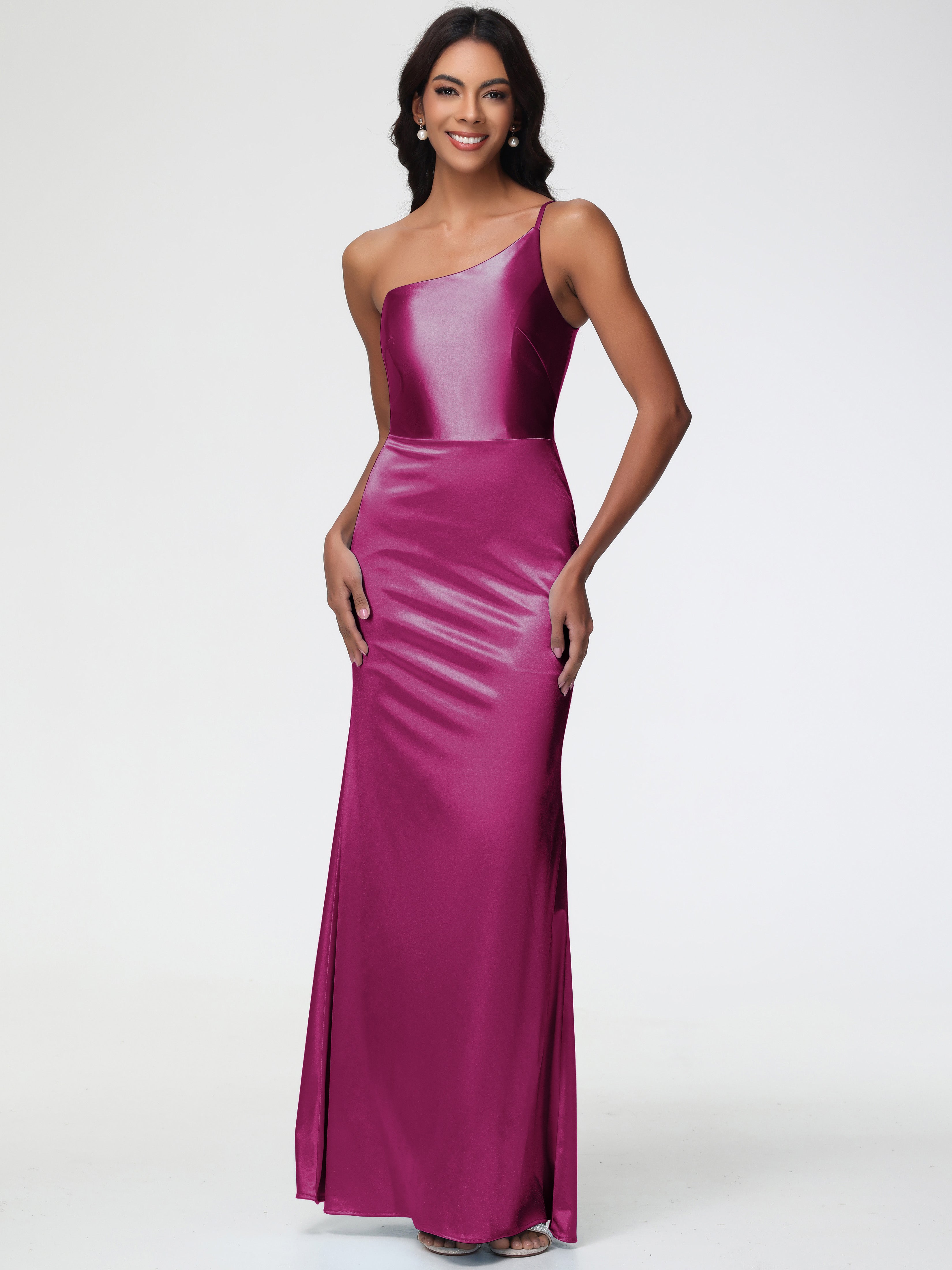one shoulder fuchsia dress One Shoulder Fuchsia Formal Dresses Minimalist Sheath/Column Stretch Satin Long Formal Dress