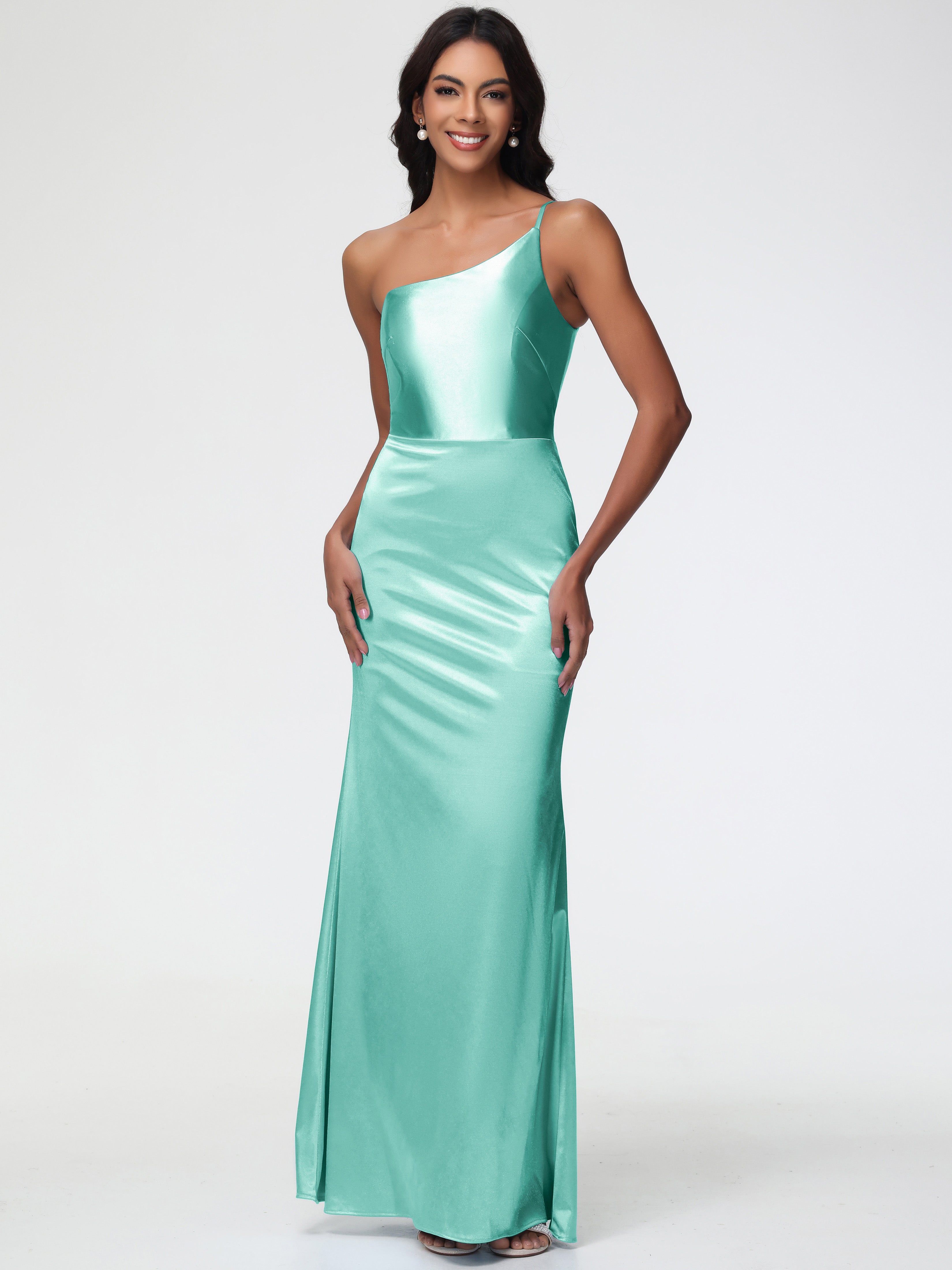 Mint Green Formal Dresses One Shoulder Minimalist Sheath/Column Stretch Satin Long Formal Dress