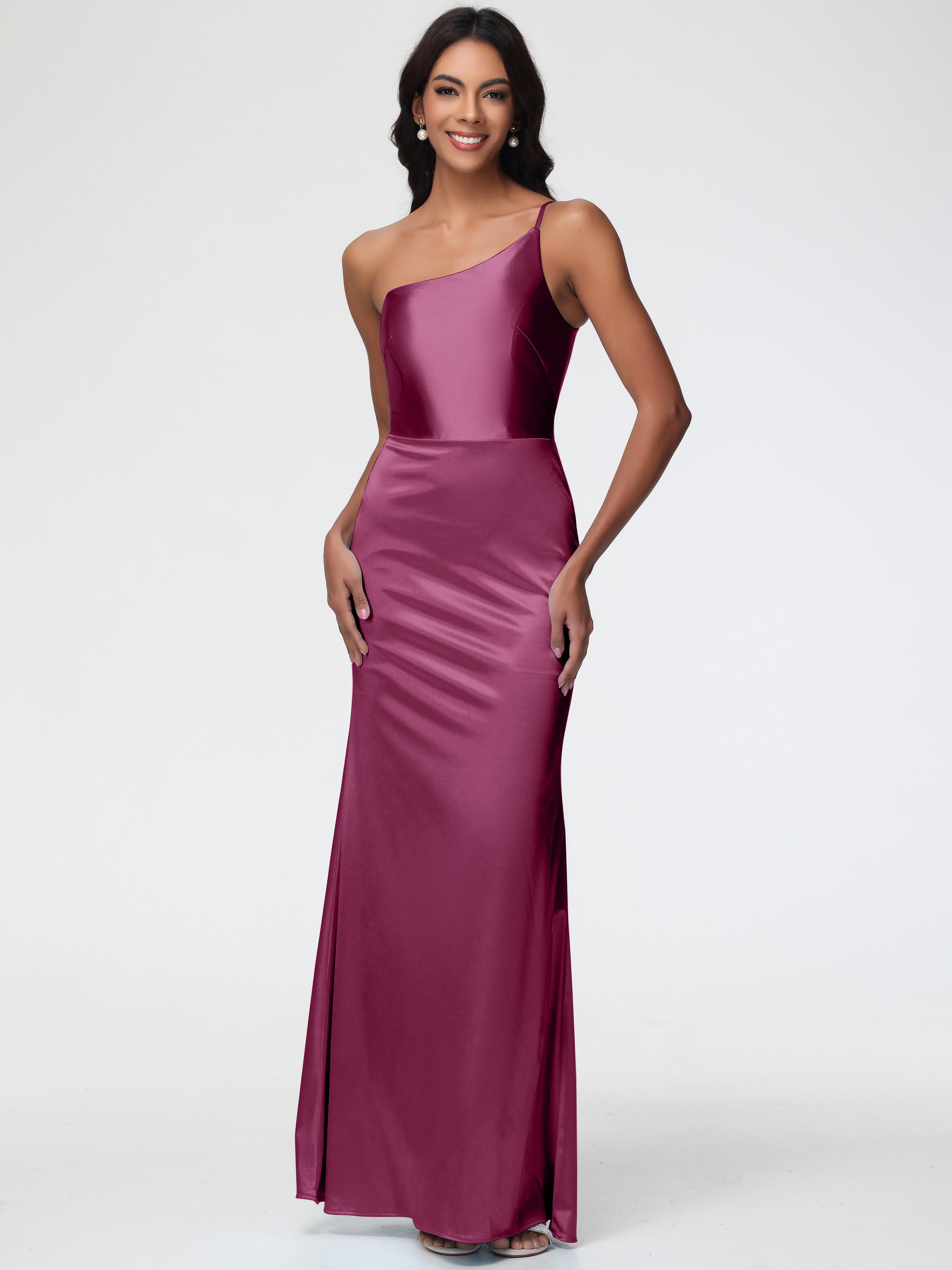 Mulberry Coloured Formal Dresses One Shoulder Minimalist Sheath/Column Stretch Satin Long Formal Dress