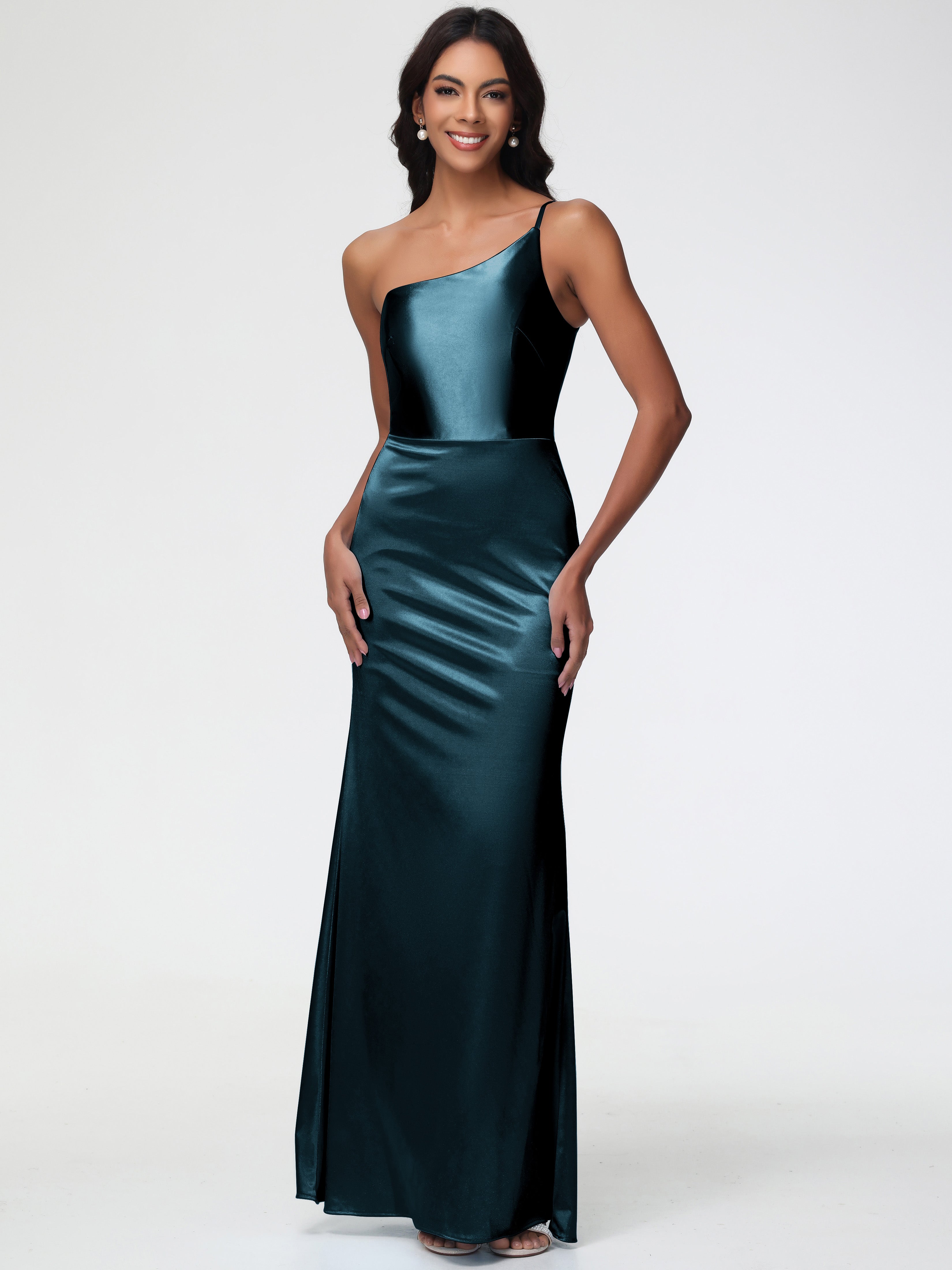 Peacock Blue Bridesmaid Dresses One Shoulder Minimalist Sheath/Column Stretch Satin Long Bridesmaid Dress