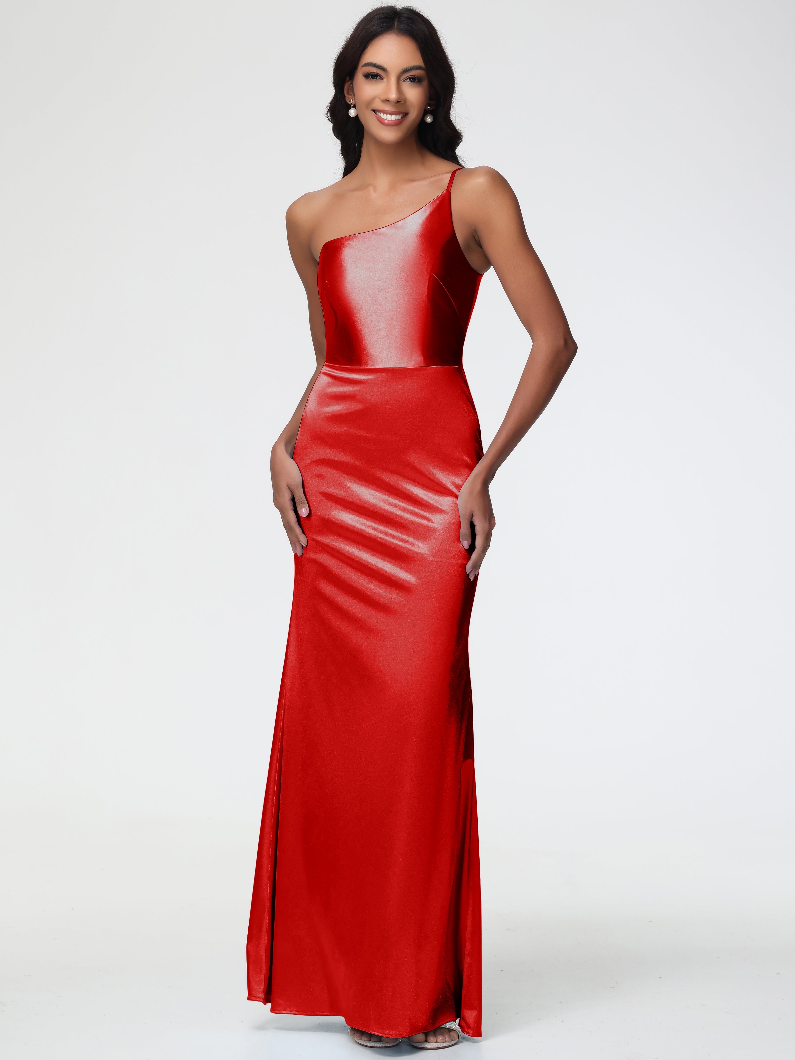 Red One Shoulder Formal Dresses Minimalist Sheath/Column Stretch Satin Red One Shoulder Formal Dresses Minimalist Sheath/Column Stretch Satin