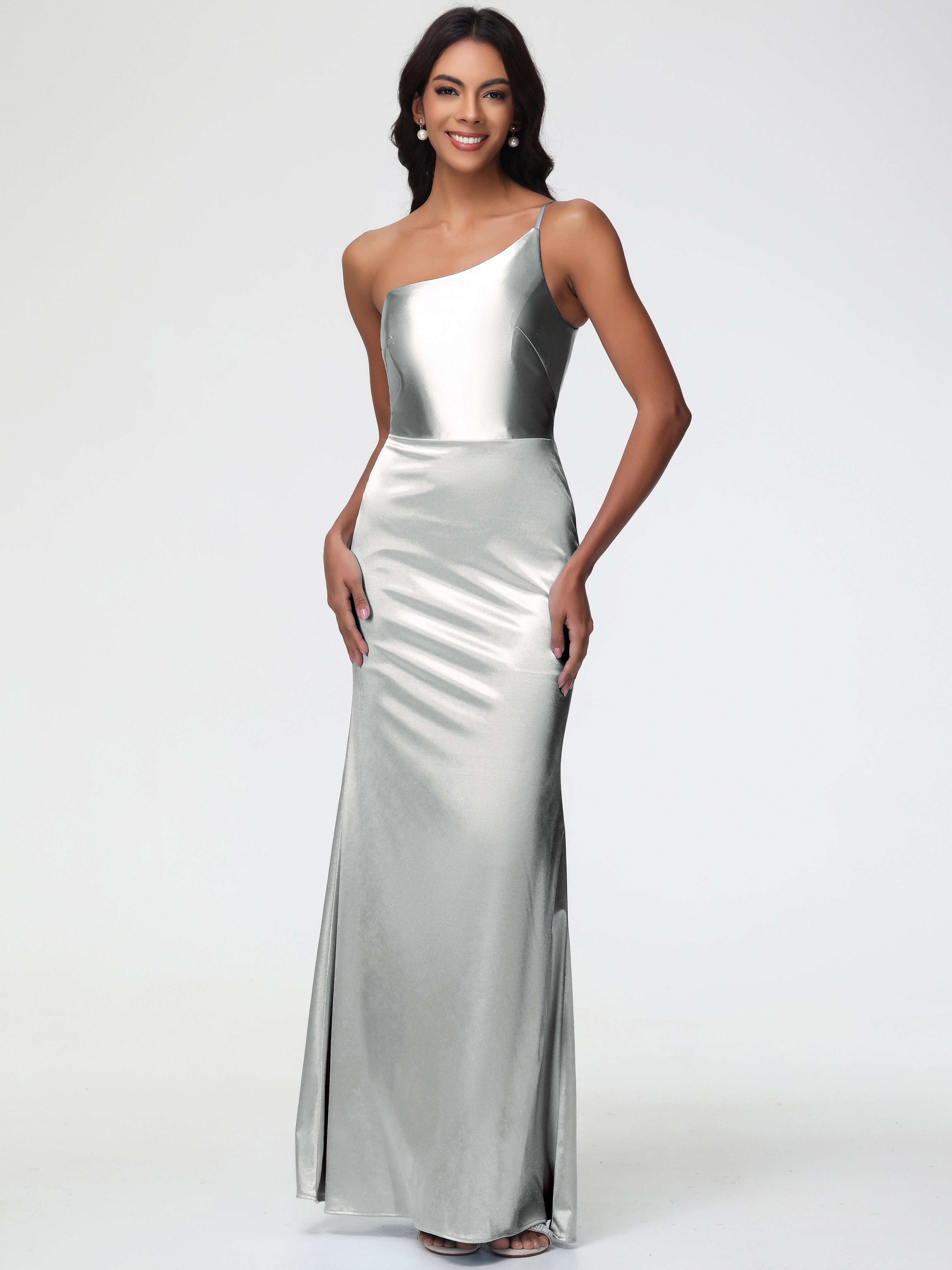 silver one shoulder bridesmaid dresses Azazie Capri