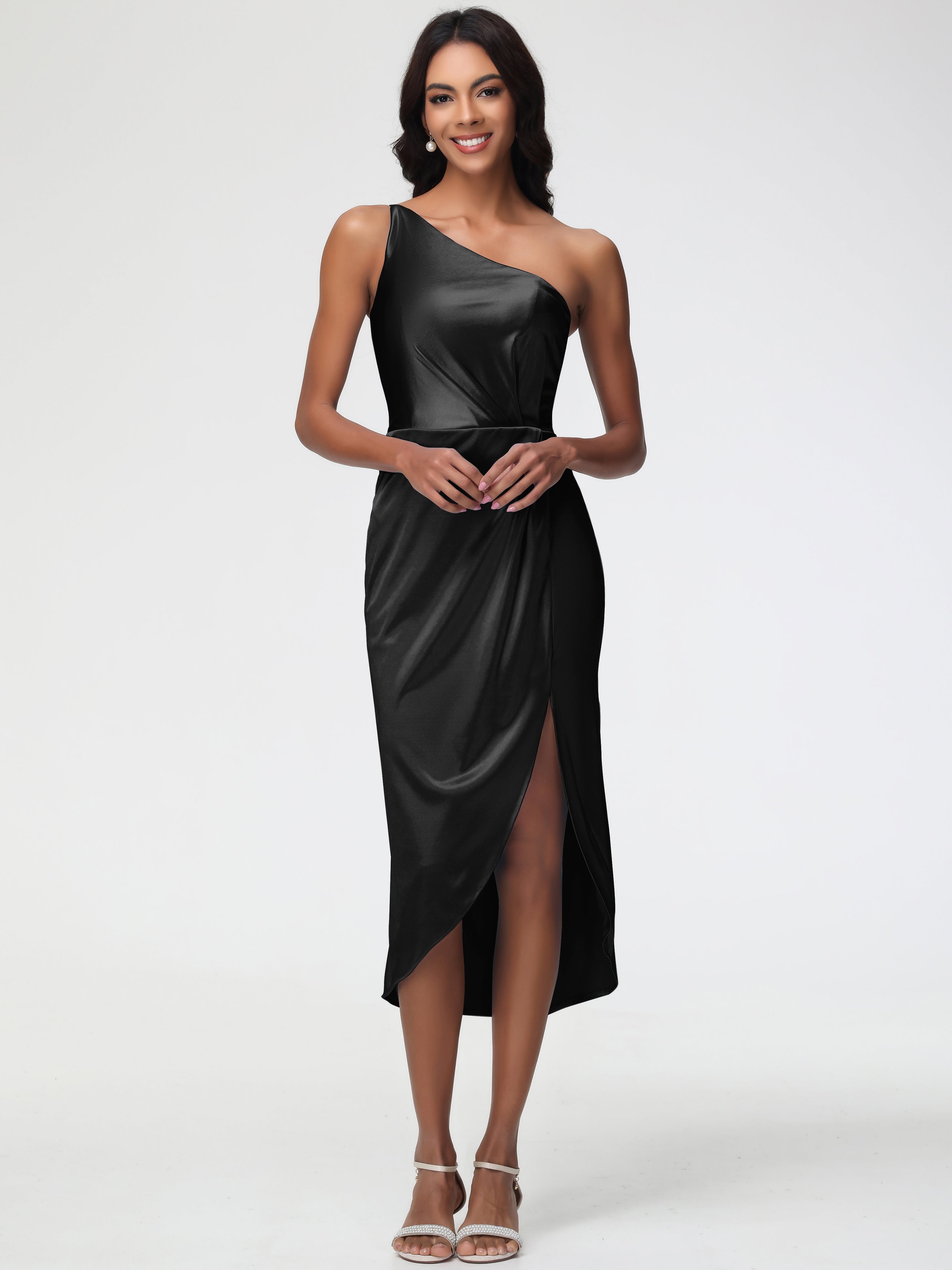 black satin one shoulder bridesmaid dress AW Marjory Dress