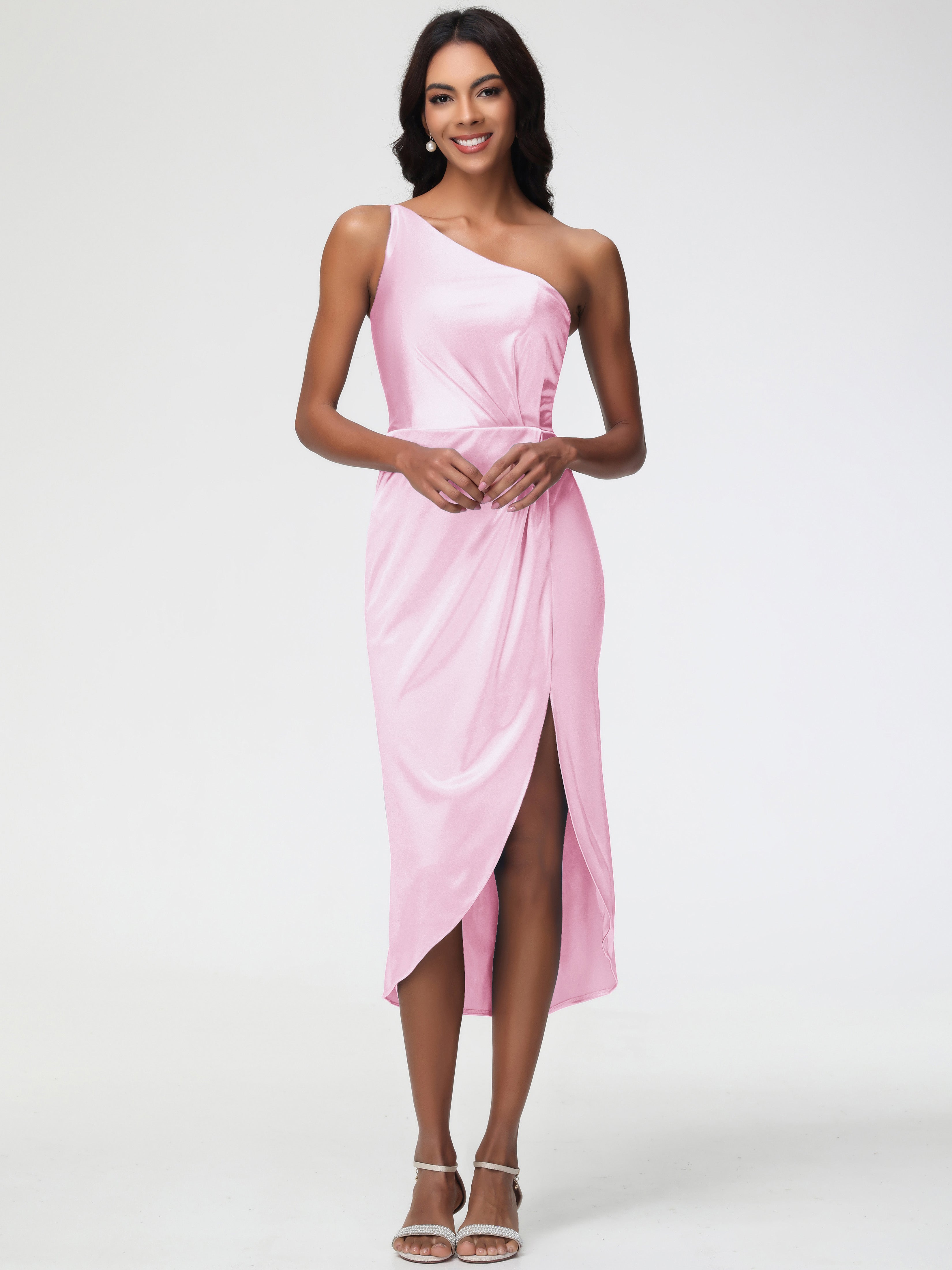 One Shoulder Blush Pink Formal Dresses Sleeveless Tea Length Sheath/Column Stretch Satin Formal Dress One Shoulder Blush Pink Formal Dresses Sleeveless Tea Length Sheath/Column Stretch Satin Formal Dress
