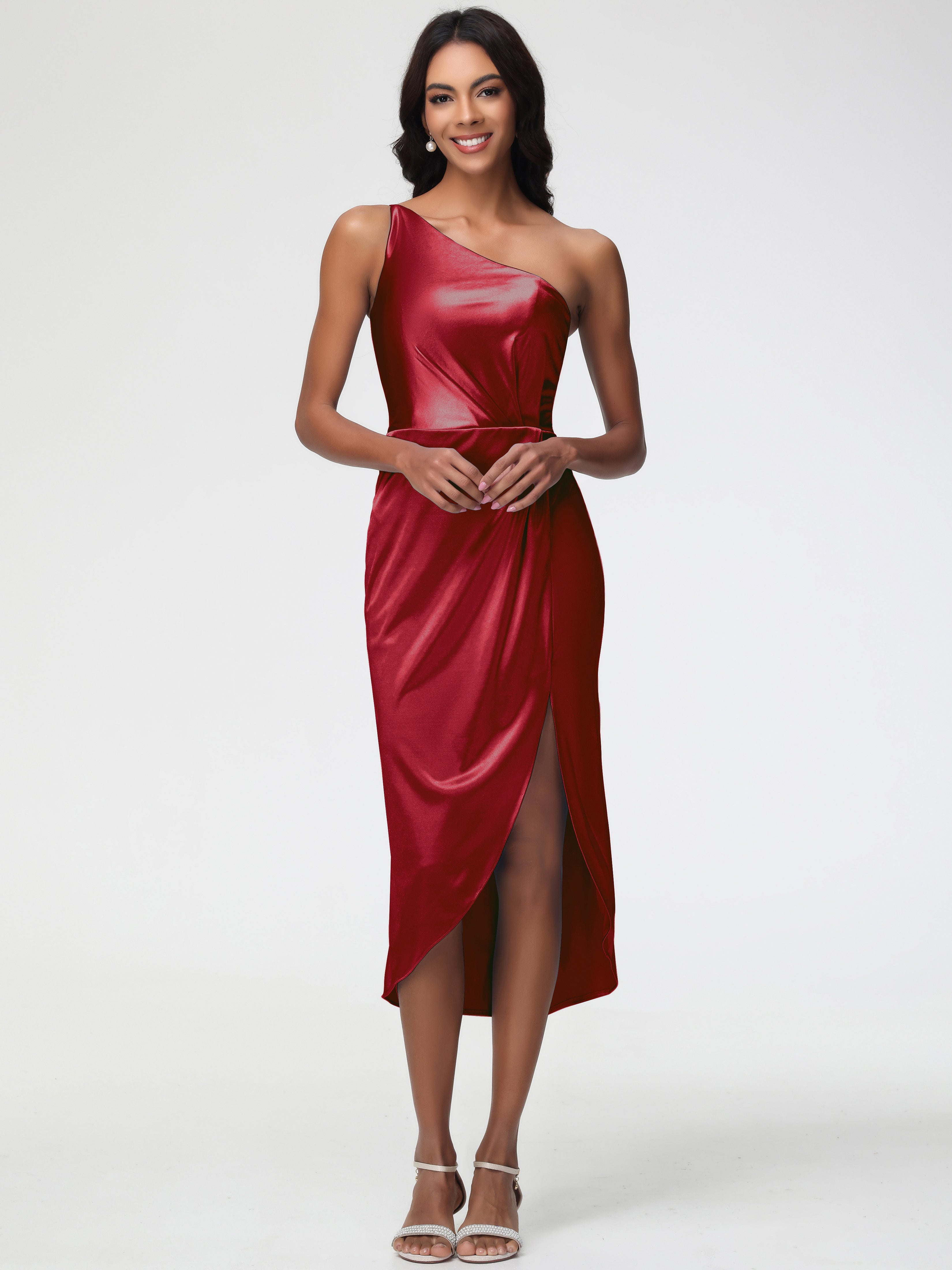 Burgundy Modest Bridesmaid Dresses Sleeveless Tea Length One Shoulder Sheath/Column Stretch Satin Bridesmaid Dress Burgundy Modest Bridesmaid Dresses Sleeveless Tea Length One Shoulder Sheath/Column Stretch Satin Bridesmaid Dress