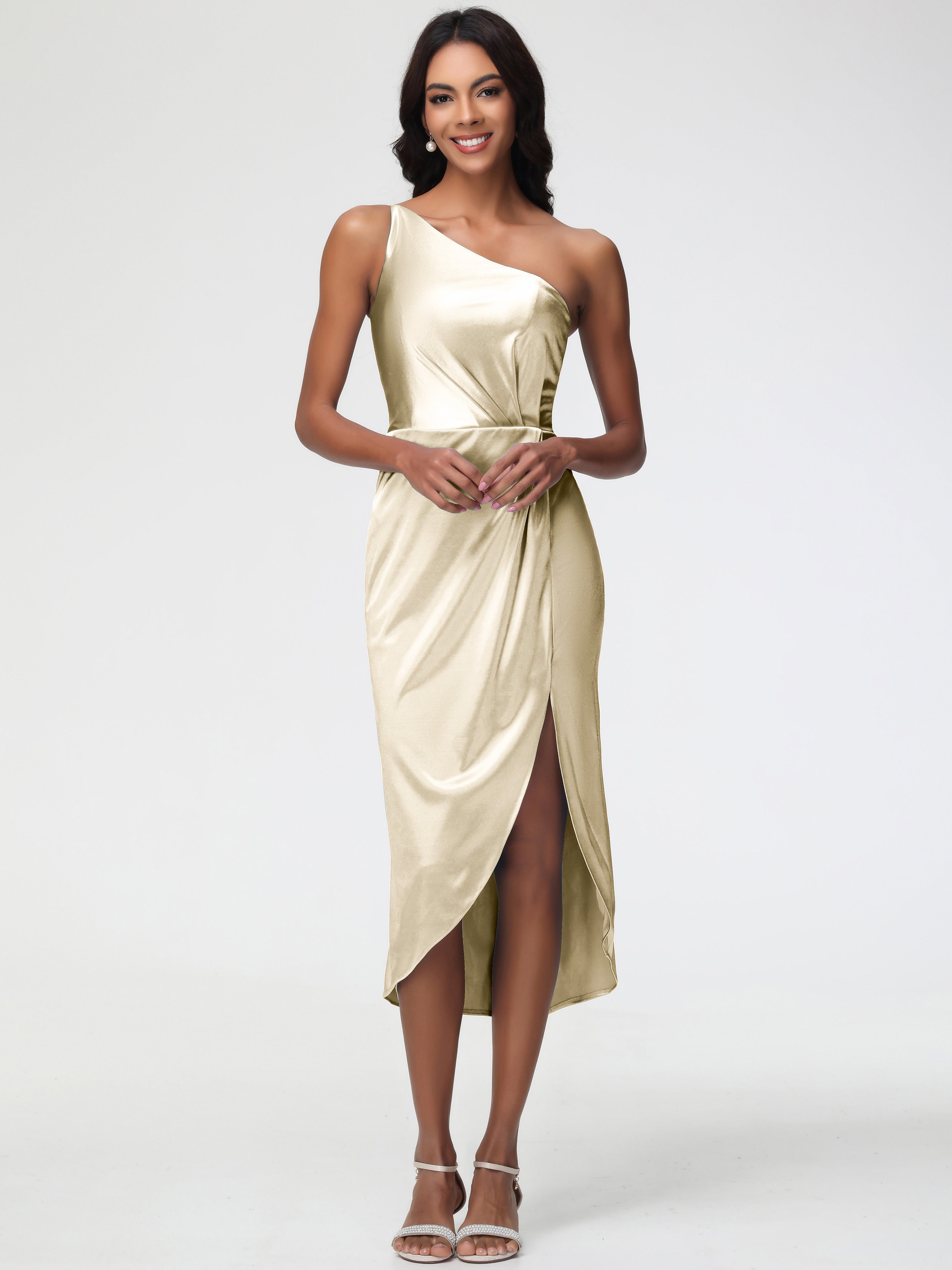 Satin Champagne Bridesmaid Dresses Sleeveless Tea Length One Shoulder Sheath/Column Stretch Satin Bridesmaid Dress