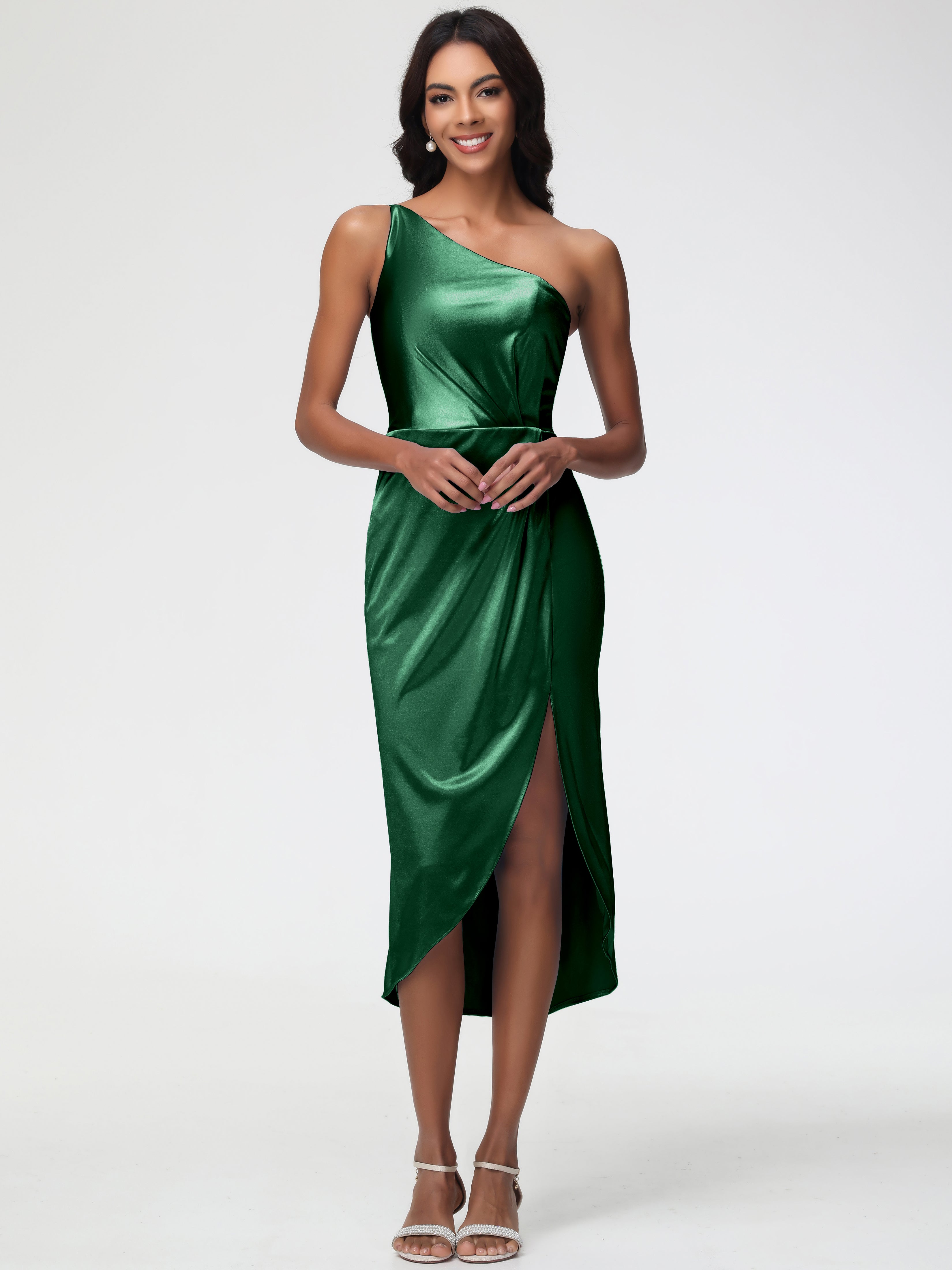Formal Dresses Dark Green Sleeveless Tea Length One Shoulder Sheath/Column Stretch Satin Formal Dress Formal Dresses Dark Green Sleeveless Tea Length One Shoulder Sheath/Column Stretch Satin Formal Dress