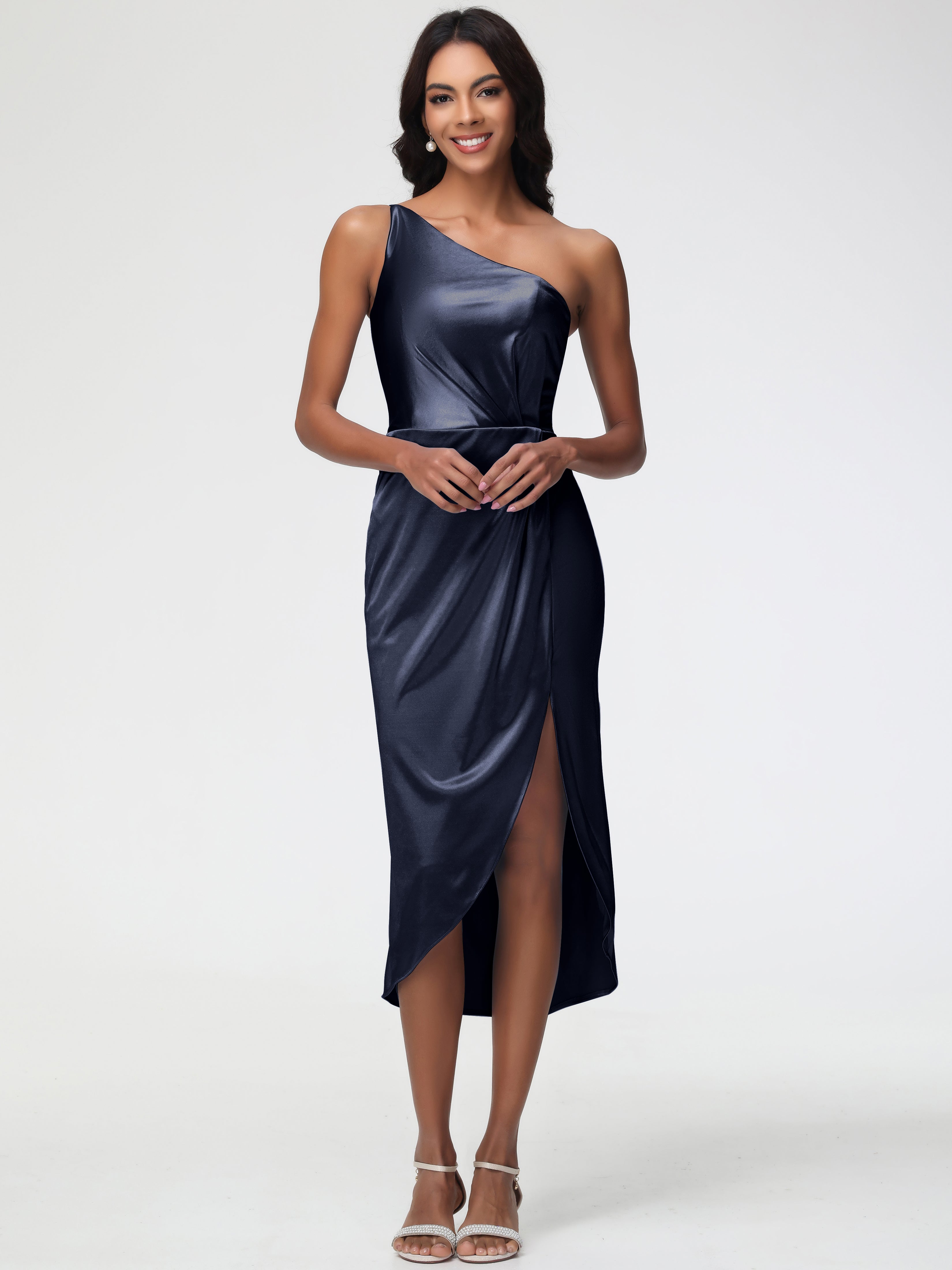 Dark Navy Bridesmaid Dress Sleeveless Tea Length One Shoulder Sheath/Column Stretch Satin Bridesmaid Dress Dark Navy Bridesmaid Dress Sleeveless Tea Length One Shoulder Sheath/Column Stretch Satin Bridesmaid Dress