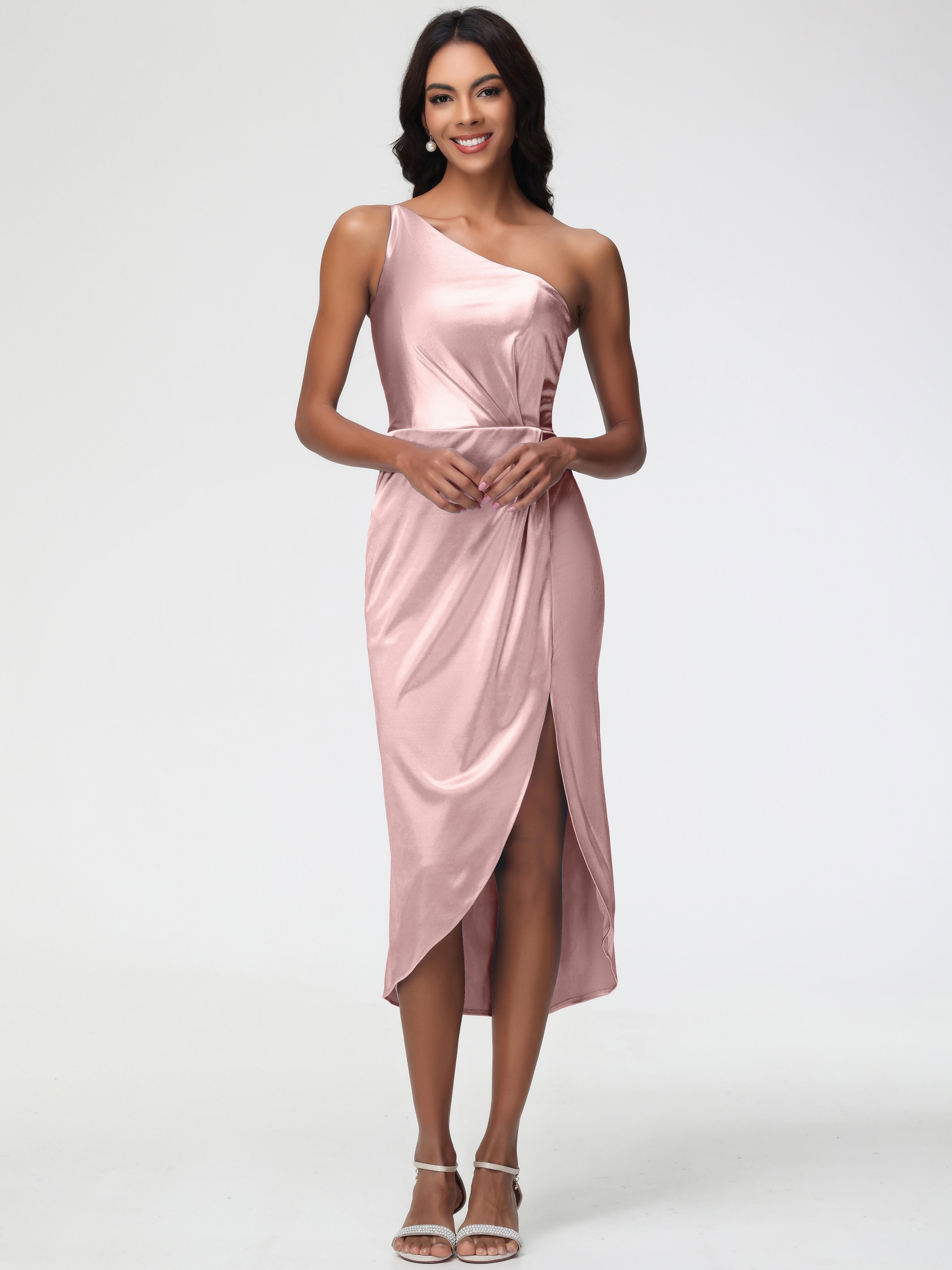 Dusty Rose One Shoulder Bridesmaid Dress Sleeveless Tea Length One Sho Dusty Rose One Shoulder Bridesmaid Dress Sleeveless Tea Length One Sho