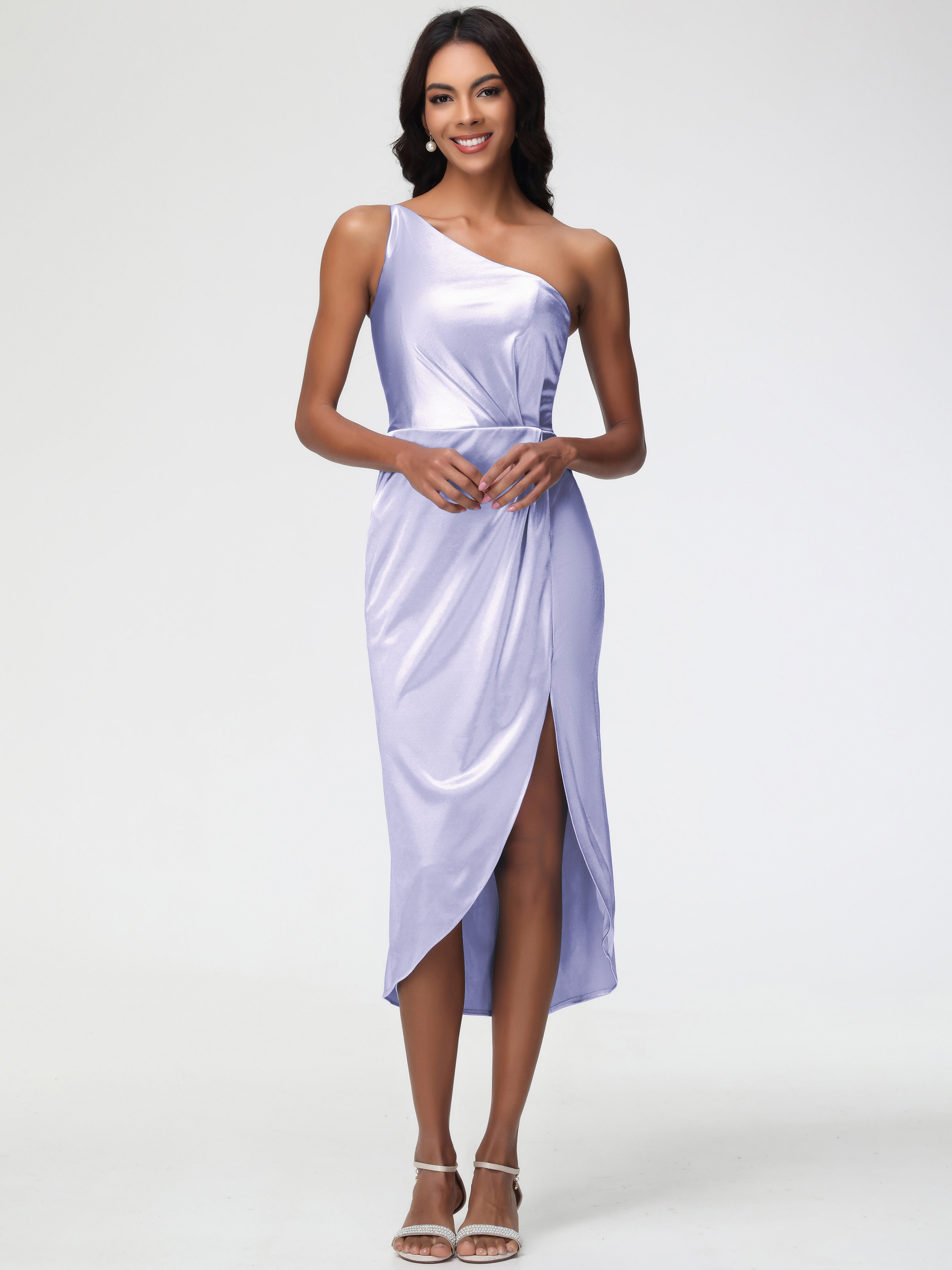 One Shoulder Lavender Bridesmaid Dresses Sleeveless Tea Length One Sho One Shoulder Lavender Bridesmaid Dresses Sleeveless Tea Length One Sho