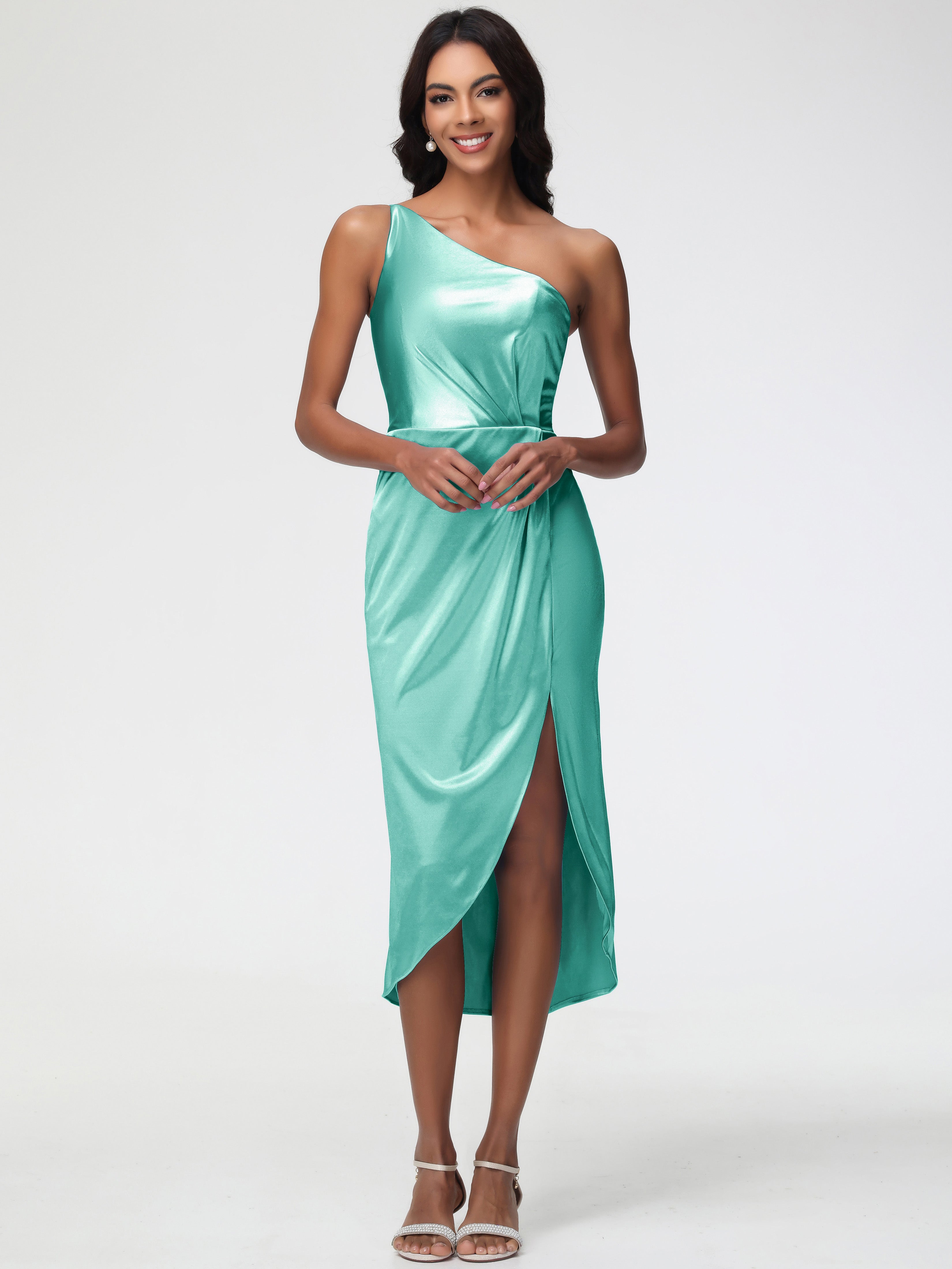 Mint Green One Shoulder Formal Dress Sleeveless Tea Length One Shoulder Sheath/Column Stretch Satin Formal Dress Mint Green One Shoulder Formal Dress Sleeveless Tea Length One Shoulder Sheath/Column Stretch Satin Formal Dress