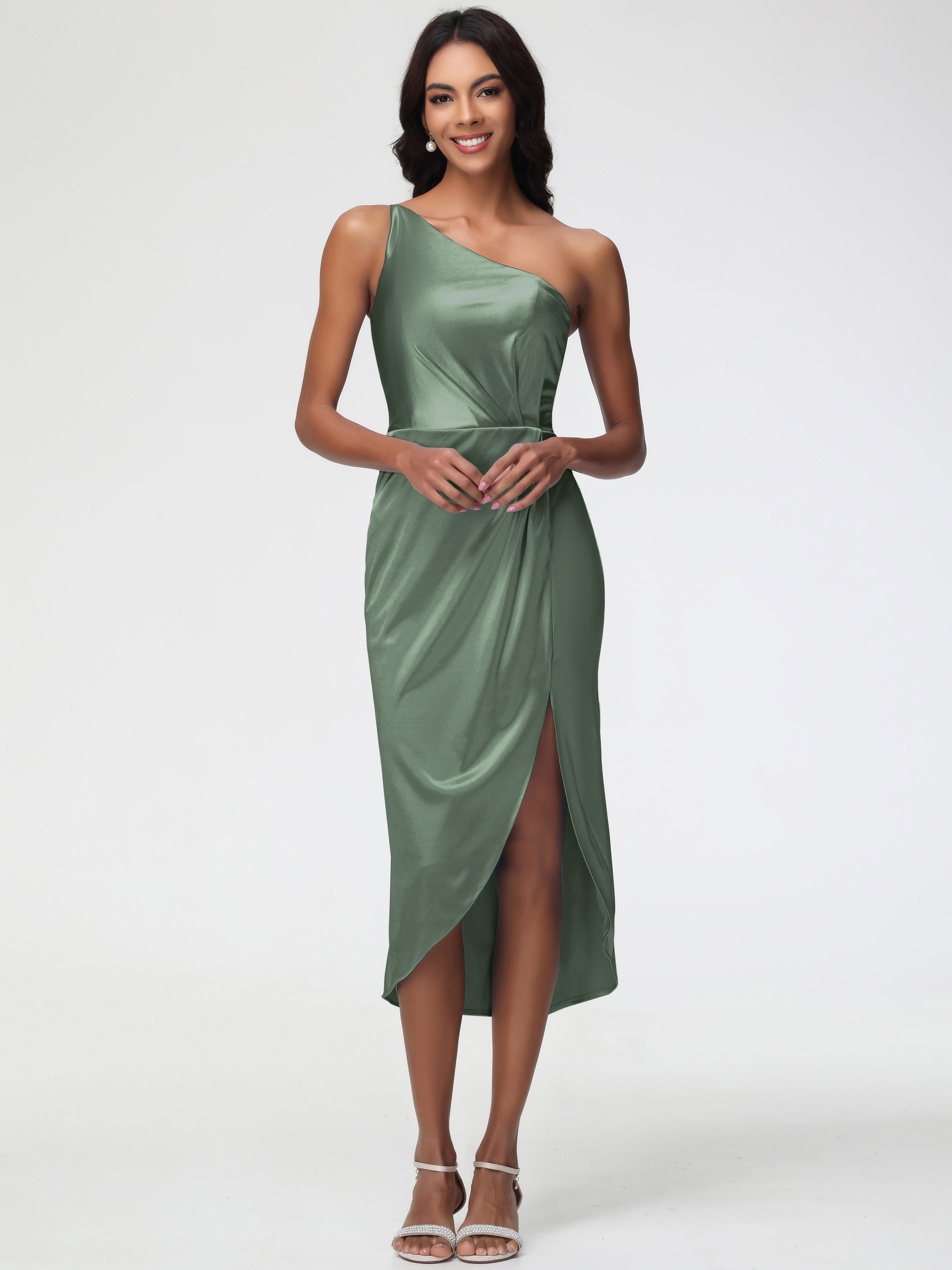 Olive Green Dress Bridesmaid Sleeveless Tea Length One Shoulder Sheath Olive Green Dress Bridesmaid Sleeveless Tea Length One Shoulder Sheath