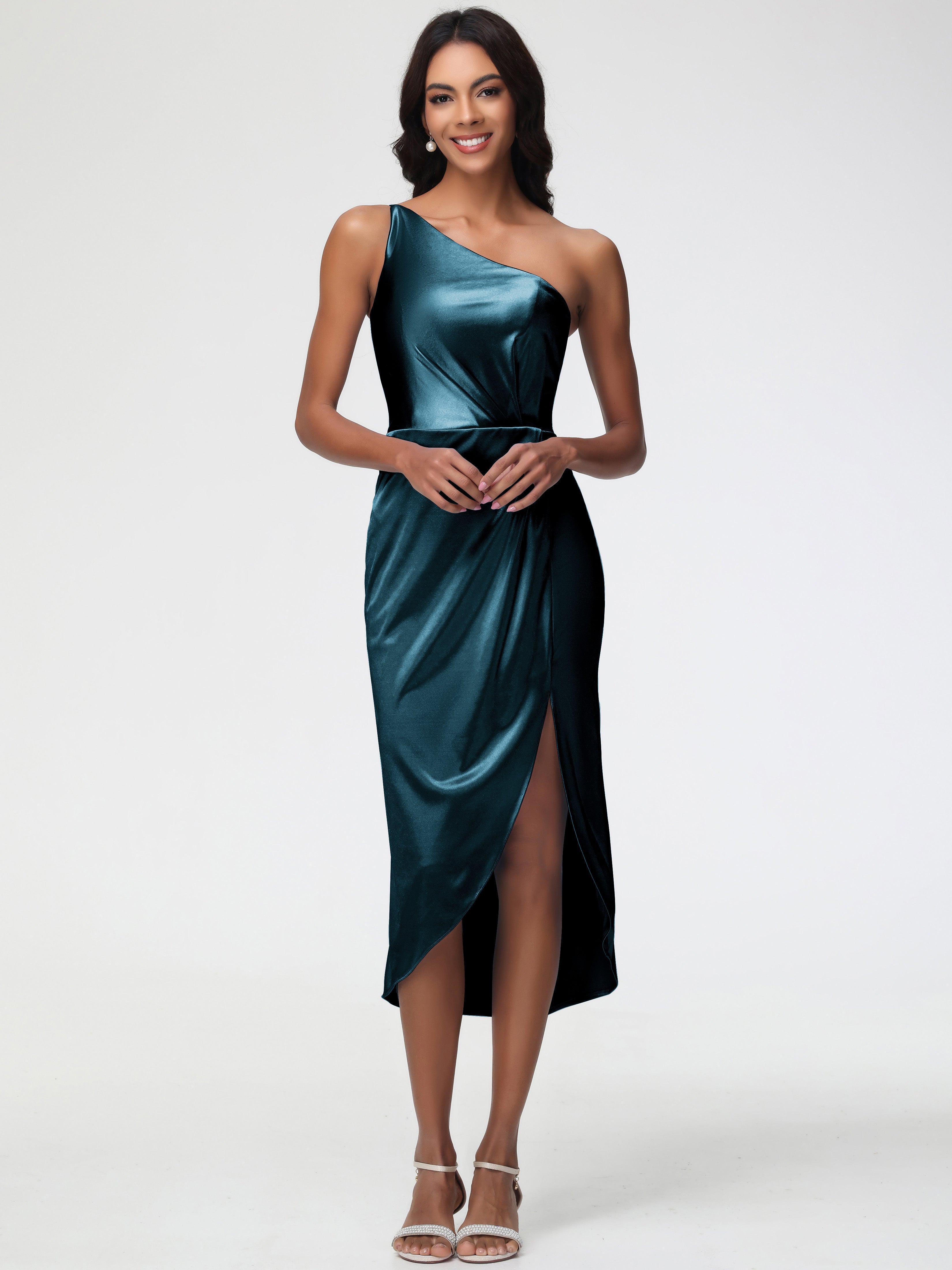 Peacock Colored Bridesmaid Dress Sleeveless Tea Length One Shoulder Sheath/Column Stretch Satin Bridesmaid Dress