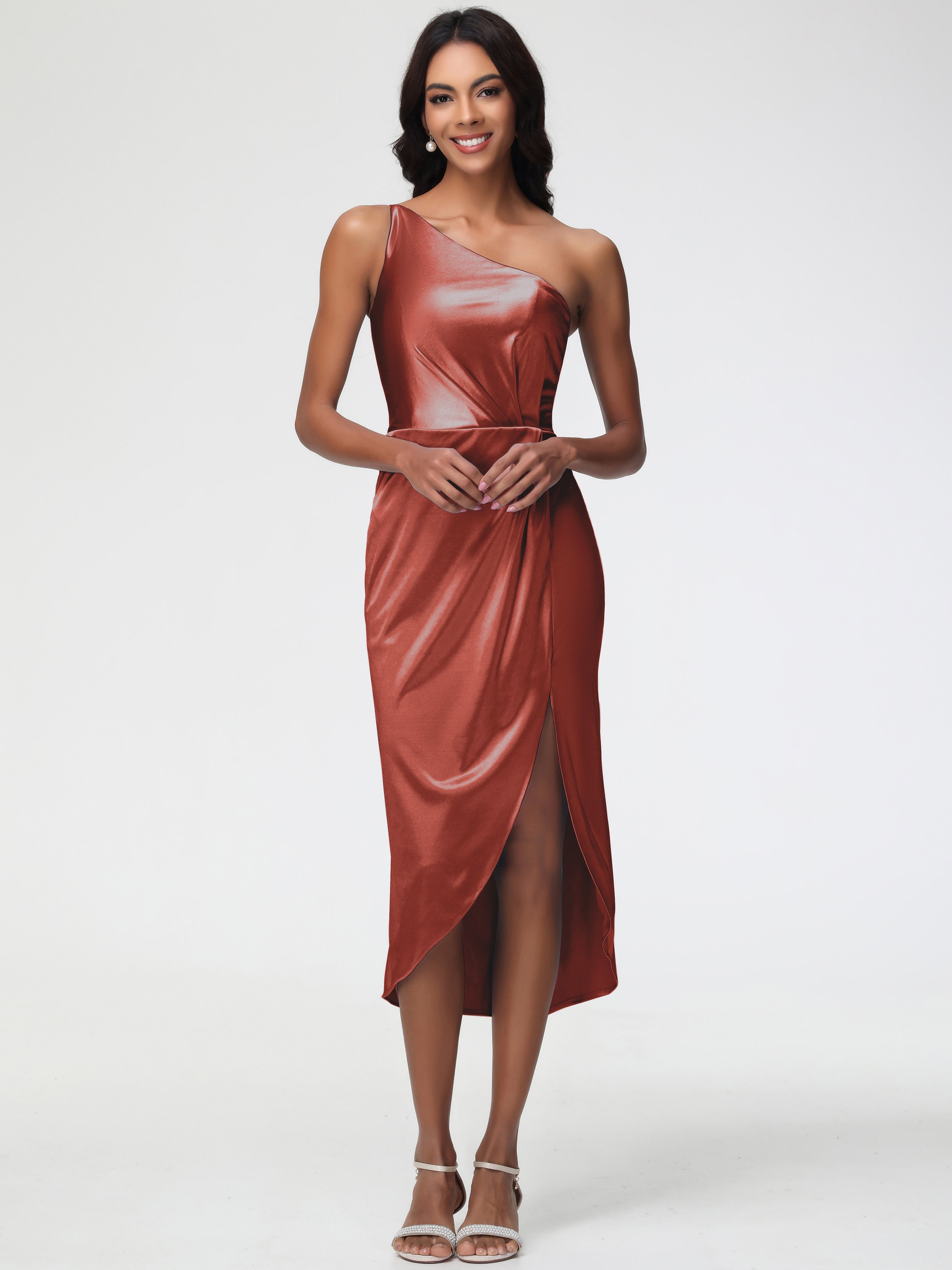 Formal Dress Rust Color Sleeveless Tea Length One Shoulder Sheath/Column  Stretch Satin Formal Dress