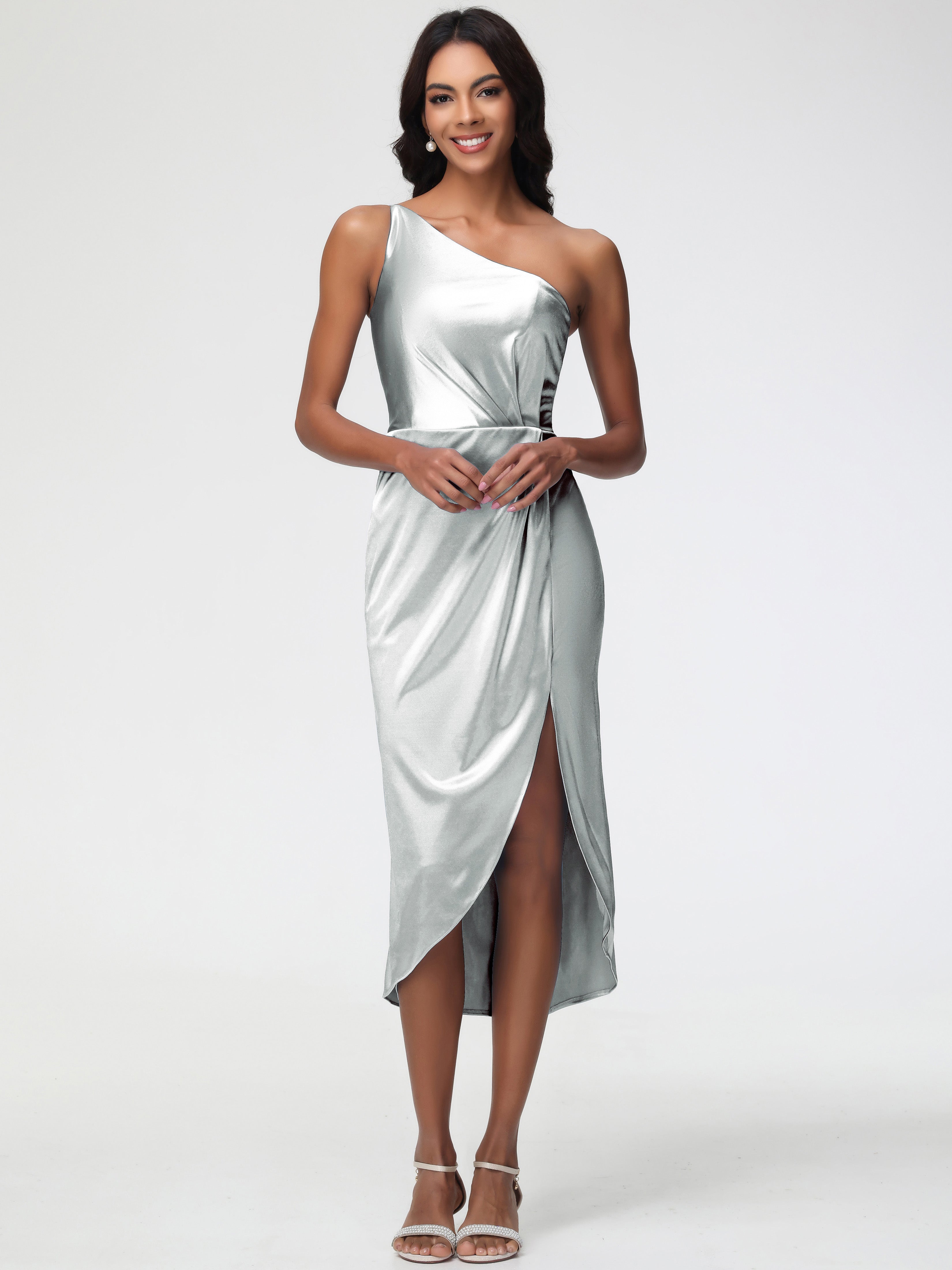 Silver Bridesmaid Dresses Sleeveless Tea Length One Shoulder Sheath/Column Stretch Satin Bridesmaid Dress Silver Bridesmaid Dresses Sleeveless Tea Length One Shoulder Sheath/Column Stretch Satin Bridesmaid Dress