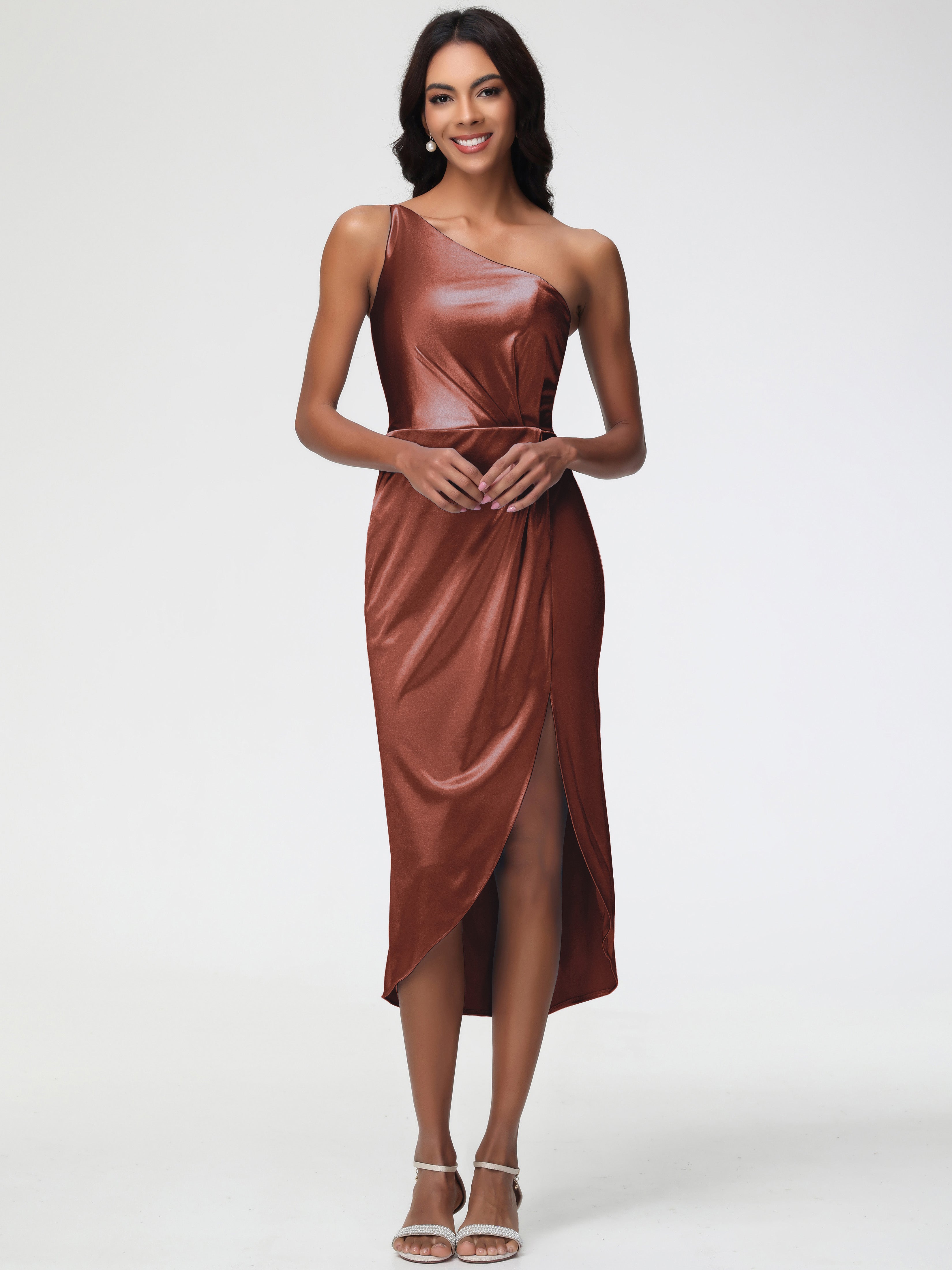 Terracotta Formal Dresses Satin Sleeveless Tea Length One Shoulder Sheath/Column Stretch Satin Formal Dress