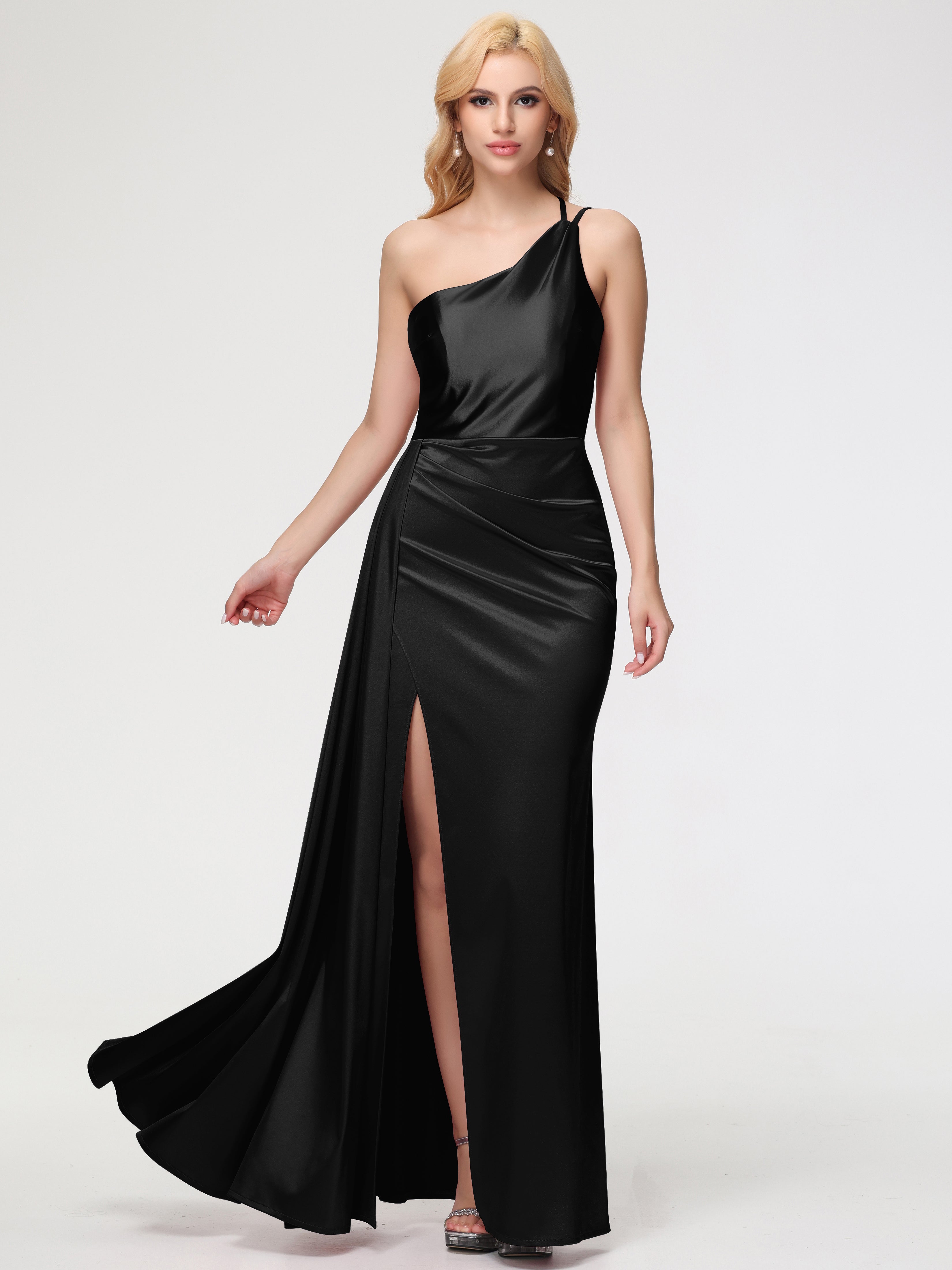 Long Black Bridesmaid Dress One Shoulder Trumpet/Mermaid Straps Pleats Stretch Satin Bridesmaid Dresses Long Black Bridesmaid Dress One Shoulder Trumpet/Mermaid Straps Pleats Stretch Satin Bridesmaid Dresses
