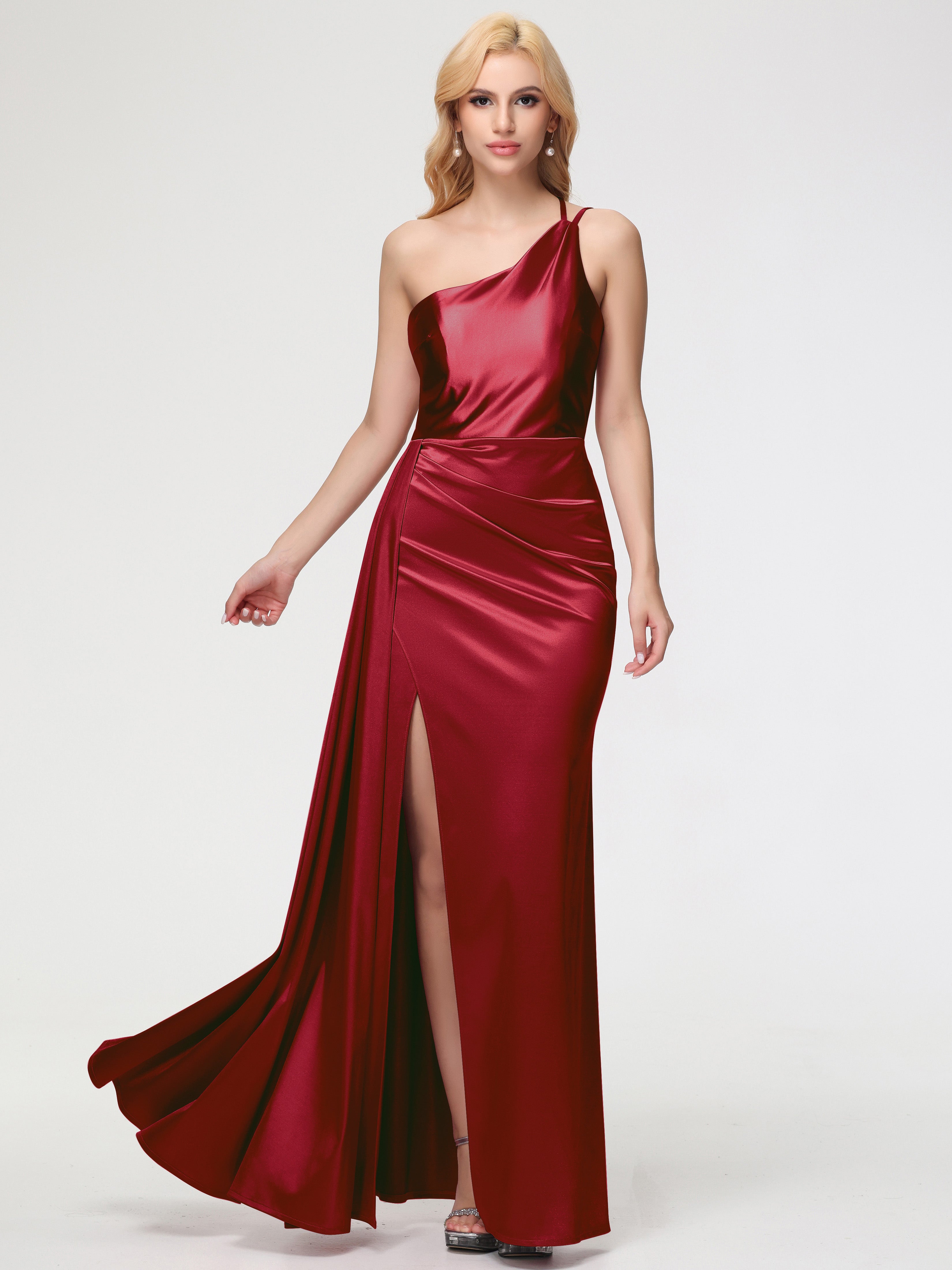 Elegant Burgundy Formal Dresses One Shoulder Trumpet/Mermaid Straps Pleats Stretch Satin Formal Dresses