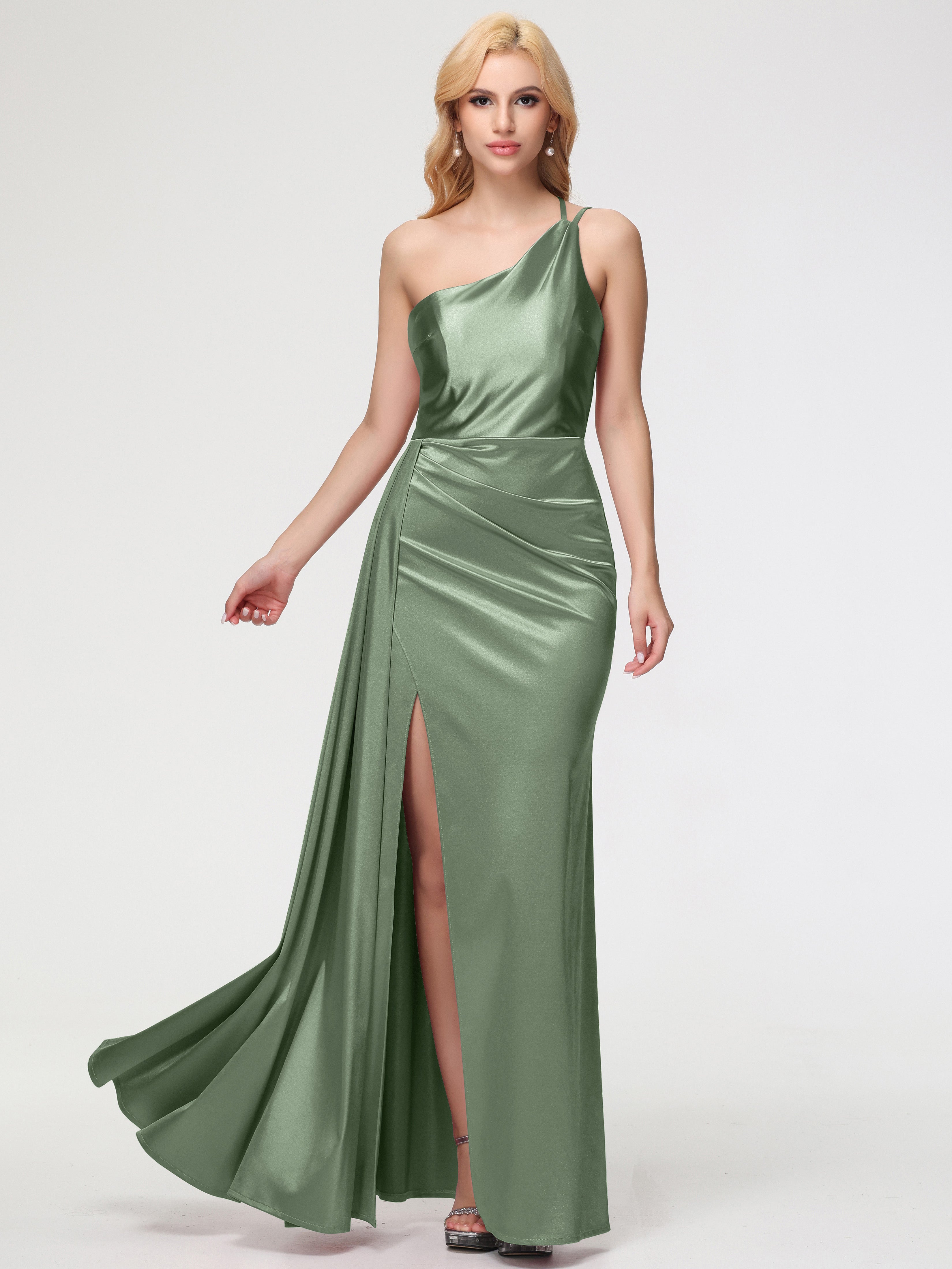 with shoulder strap sage maxi dress satin Wedtrend Women Sage Green Long Bridesmaid Dress with Slit Sheath One Shoulder Satin Ruched Wedding Guest Dress, Sage / US26W