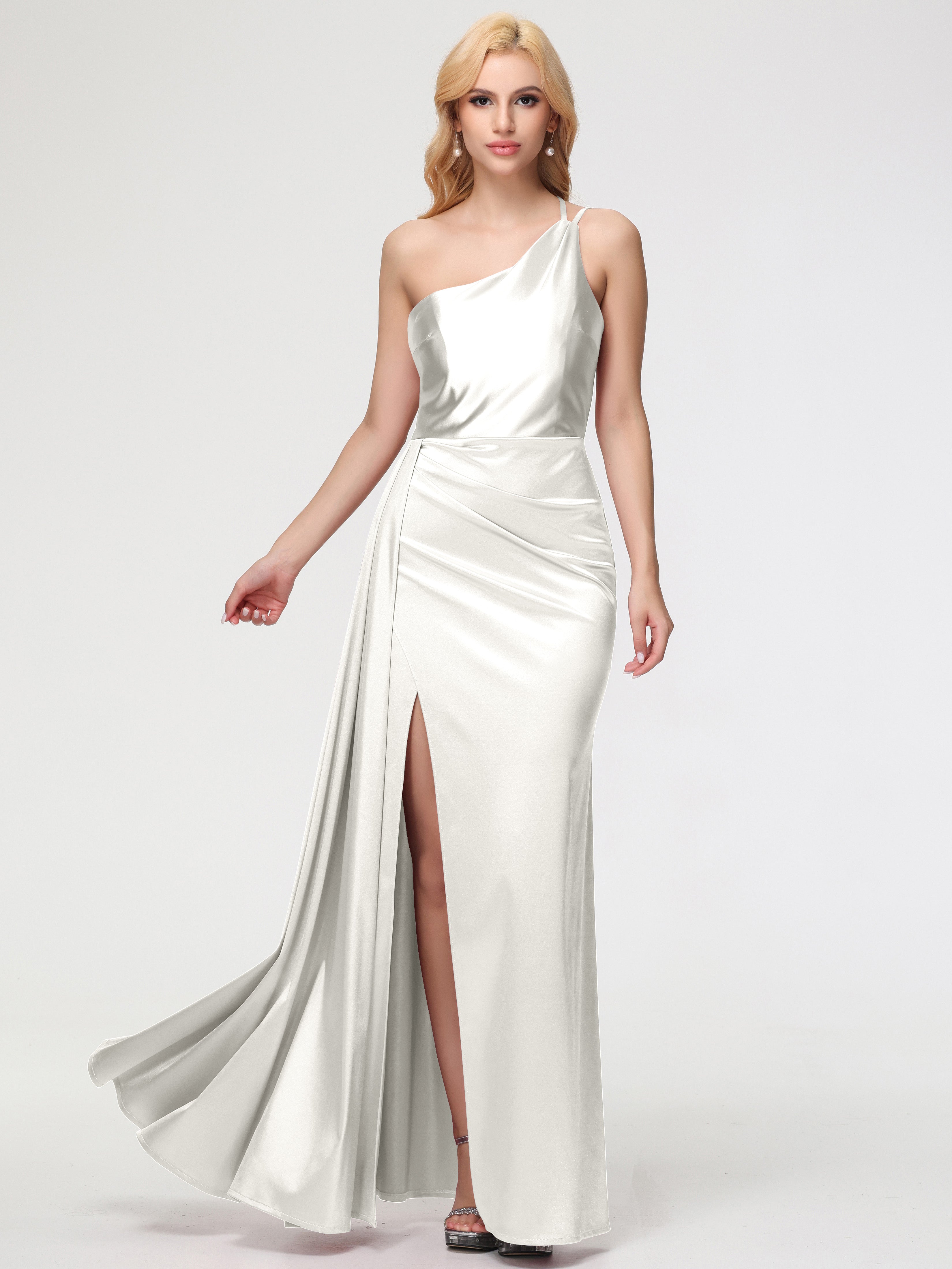 satin ivory bridesmaid dresses Long Ivory Bridesmaid Dresses One Shoulder Trumpet/Mermaid Straps Pleats Stretch Satin Bridesmaid Dresses