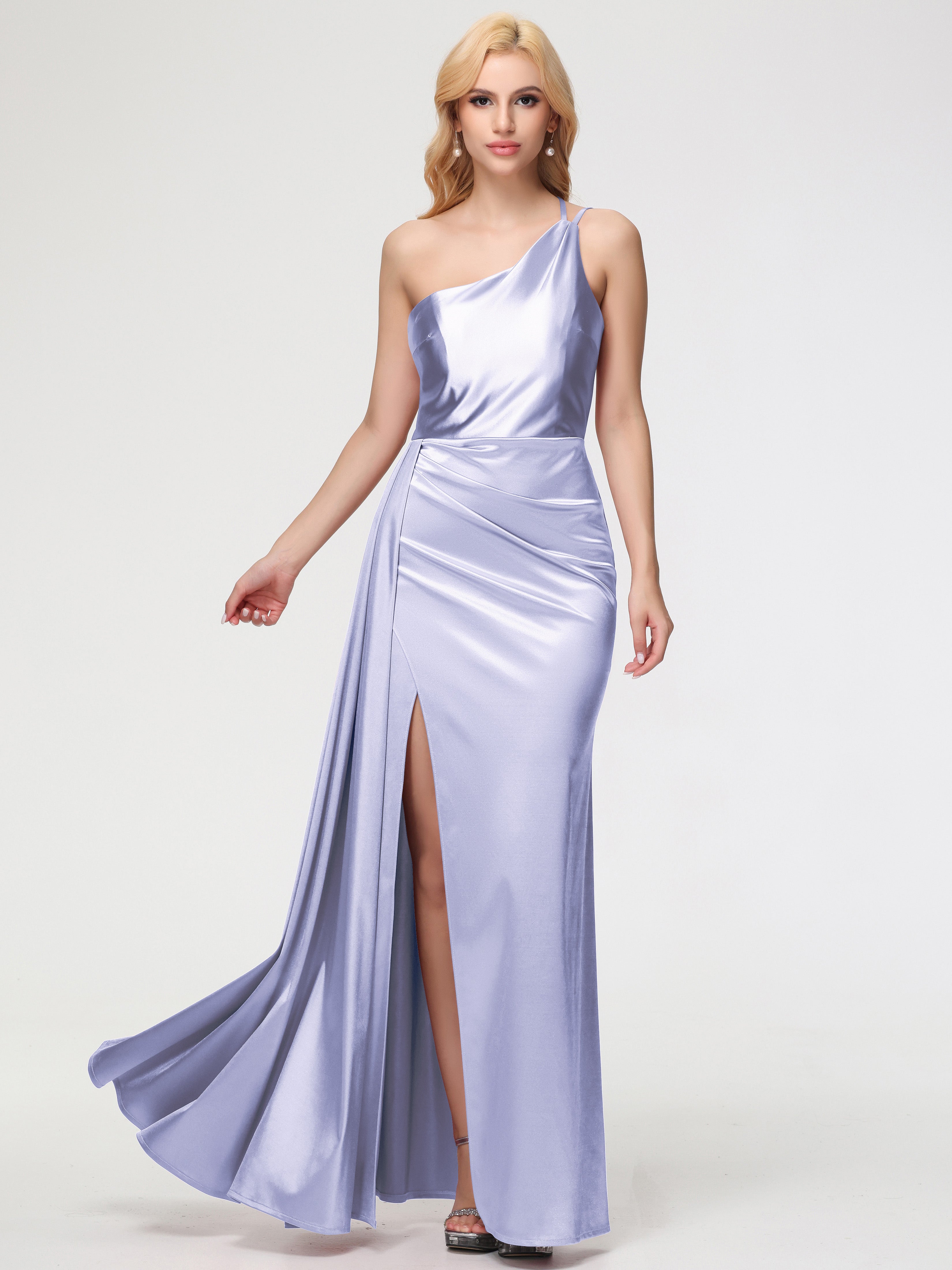 lavender one shoulder prom dress Lavender One Shoulder Slit Ankle Length Prom Dress