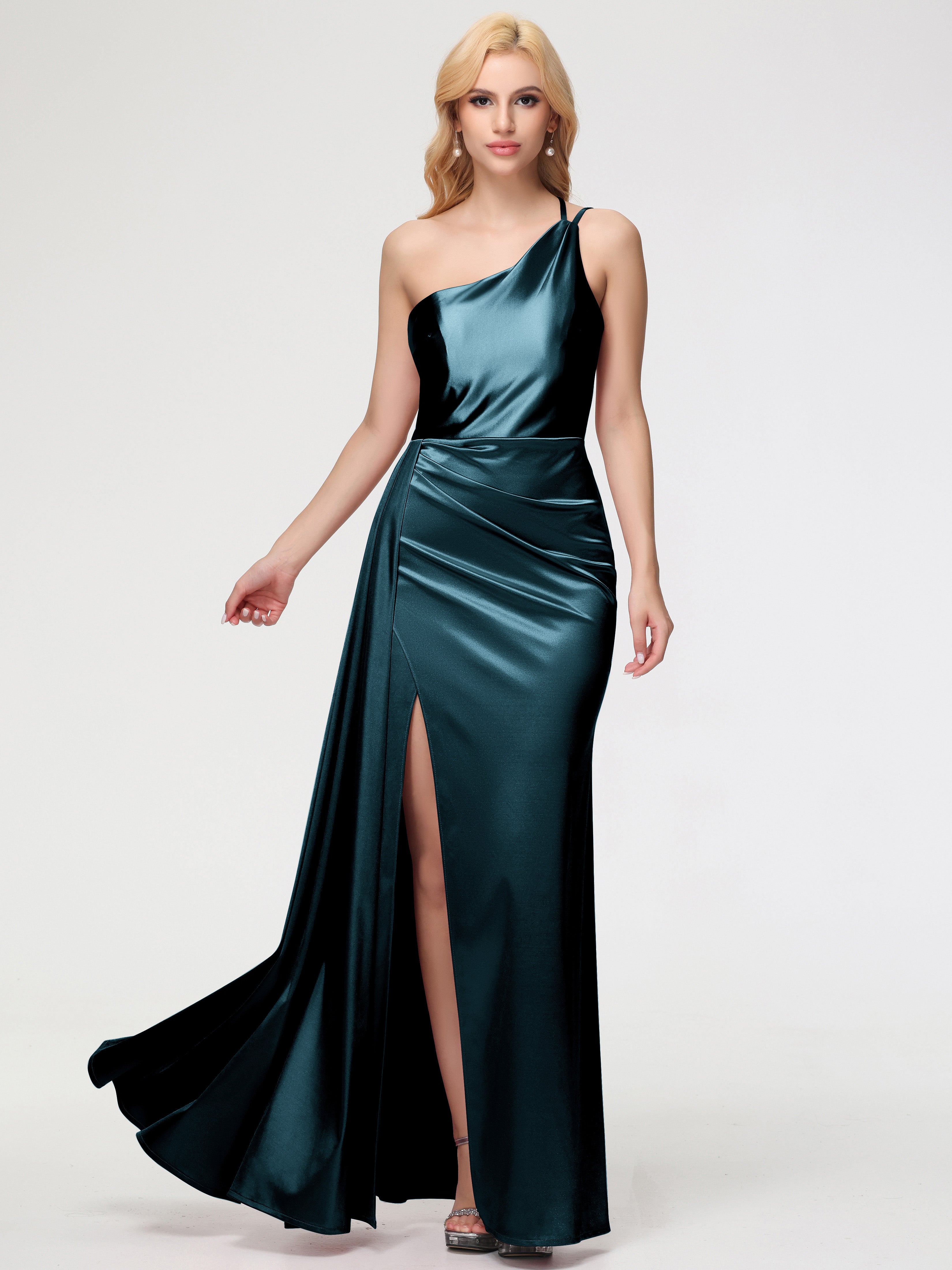 peacock bridesmaid dress Berylove Women Wedding Guest Dress Peacock Blue Satin A Line Off the Shoulder Long Wedding Party Dress, Peacock Blue / L