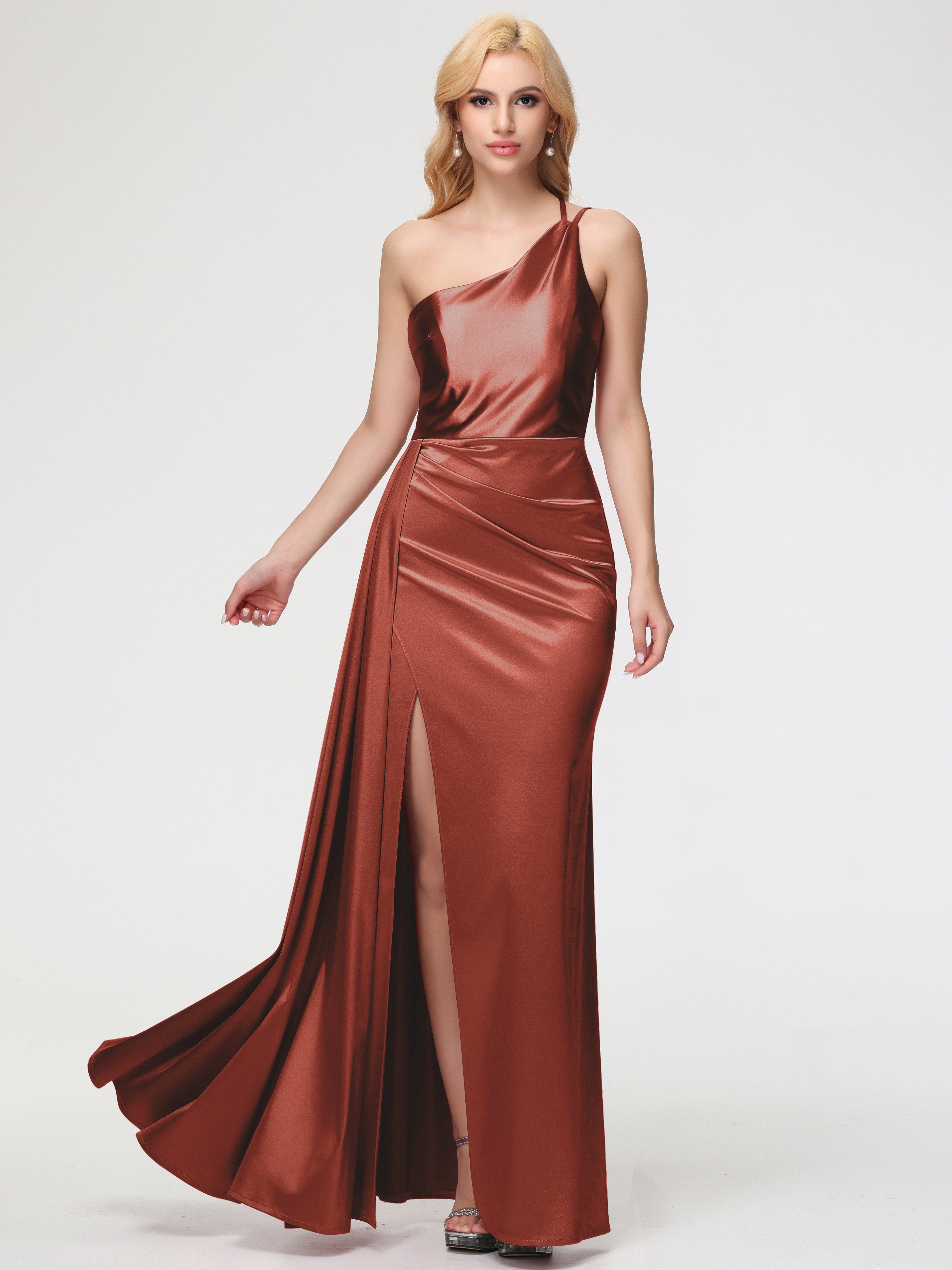 Rust Terracotta Bridesmaid Dresses One Shoulder Trumpet/Mermaid Straps Pleats Stretch Satin Bridesmaid Dresses Rust Terracotta Bridesmaid Dresses One Shoulder Trumpet/Mermaid Straps Pleats Stretch Satin Bridesmaid Dresses