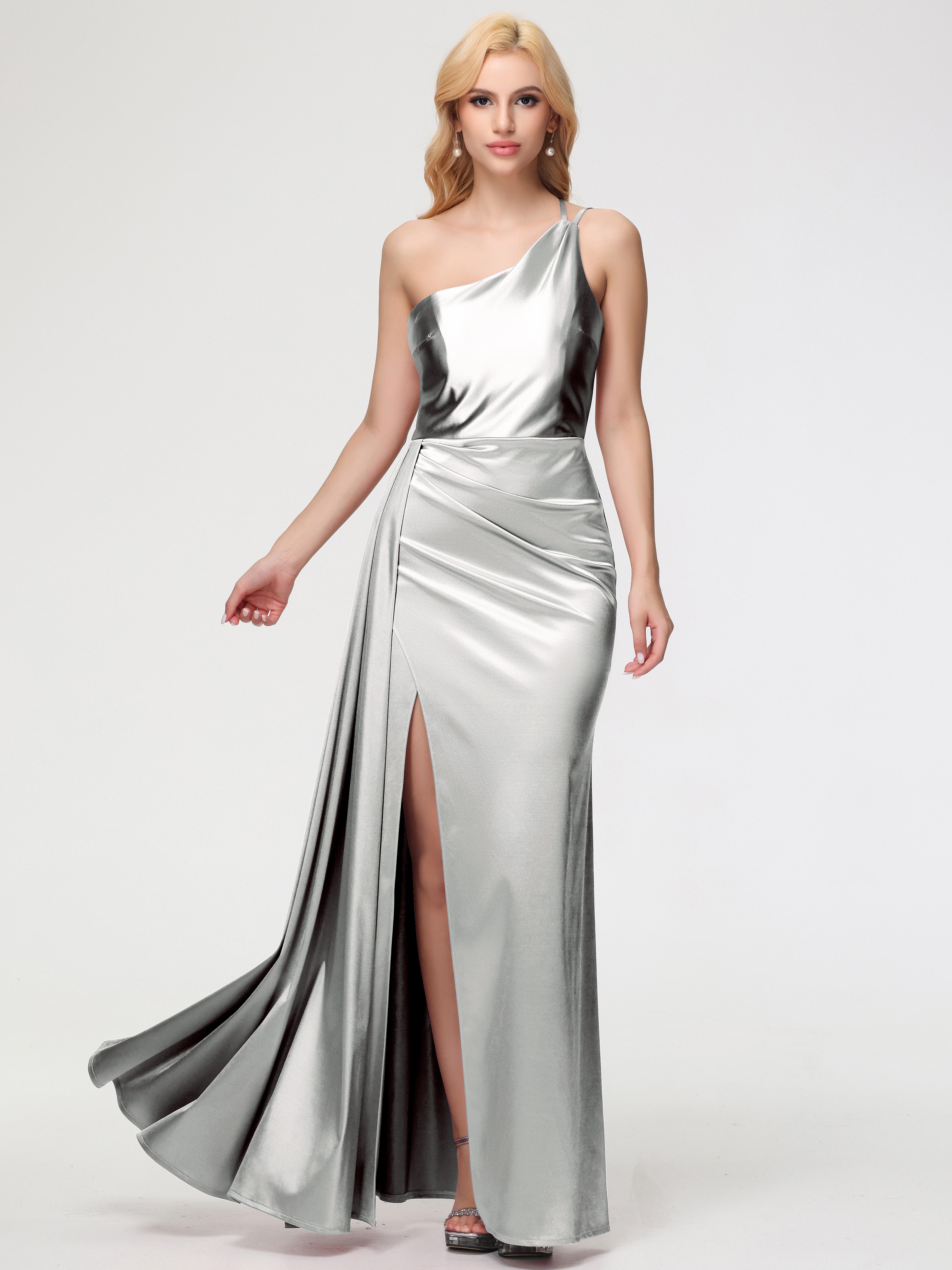 Silver Grey Bridesmaids One Shoulder Trumpet/Mermaid Straps Pleats Str Silver Grey Bridesmaids One Shoulder Trumpet/Mermaid Straps Pleats Str