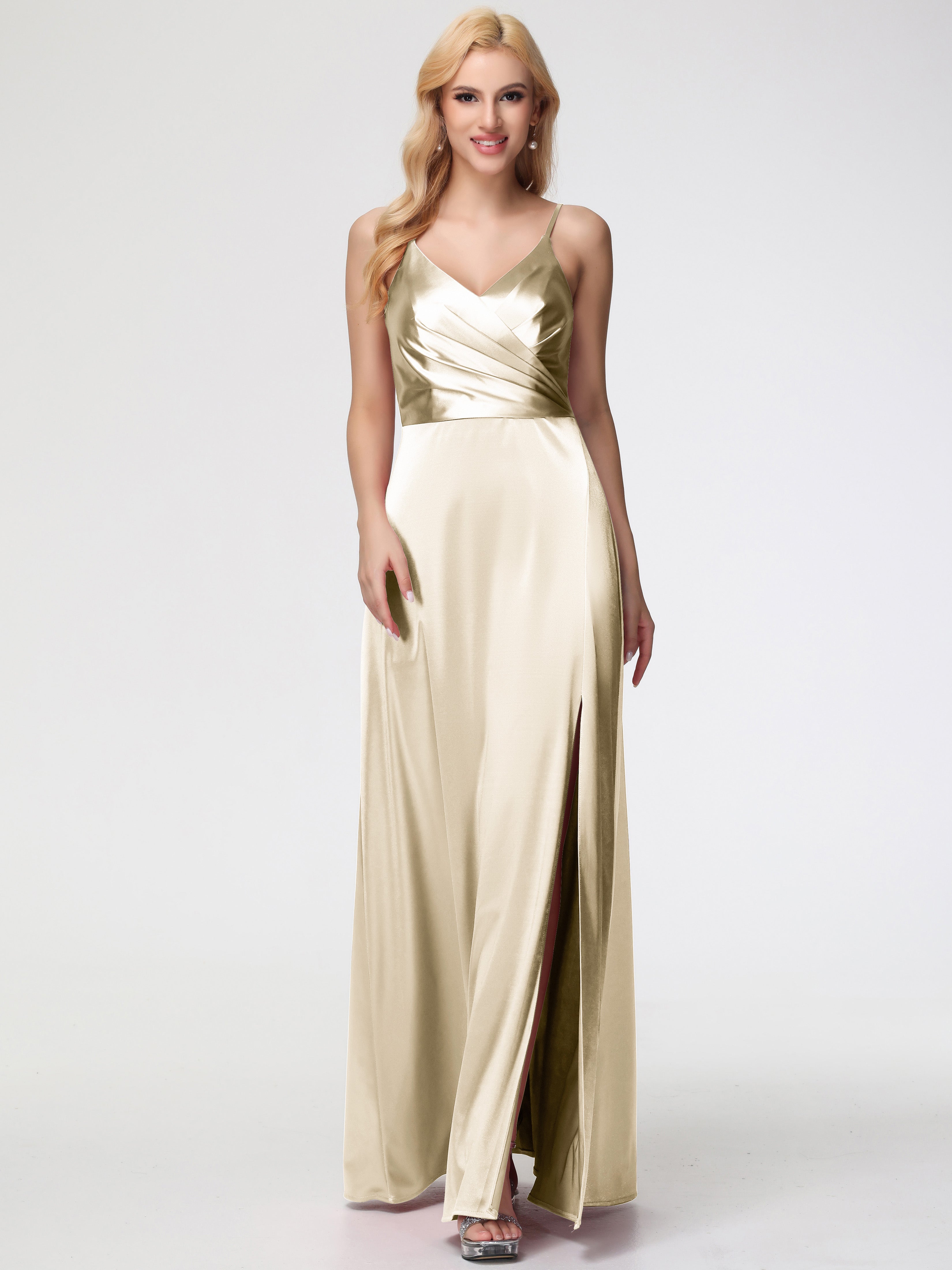 Champagne Colour Formal Dresses Spaghetti Straps A-Line V-Neck Pleats Stretch Satin Formal Dresses Champagne Colour Formal Dresses Spaghetti Straps A-Line V-Neck Pleats Stretch Satin Formal Dresses