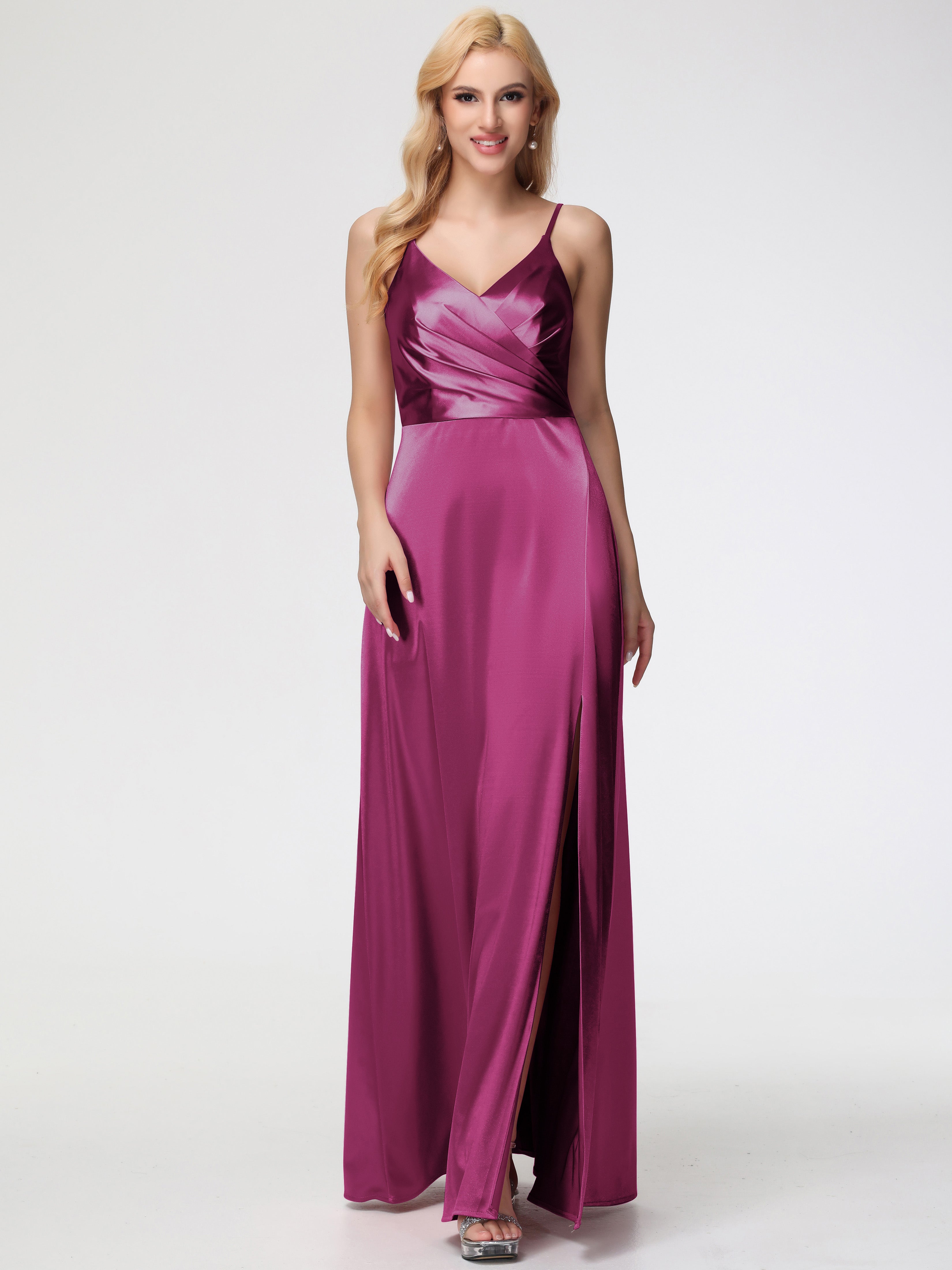 Fuchsia Dresses Formal Dress Spaghetti Straps A-Line V-Neck Pleats Stretch Satin Formal Dresses Fuchsia Dresses Formal Dress Spaghetti Straps A-Line V-Neck Pleats Stretch Satin Formal Dresses