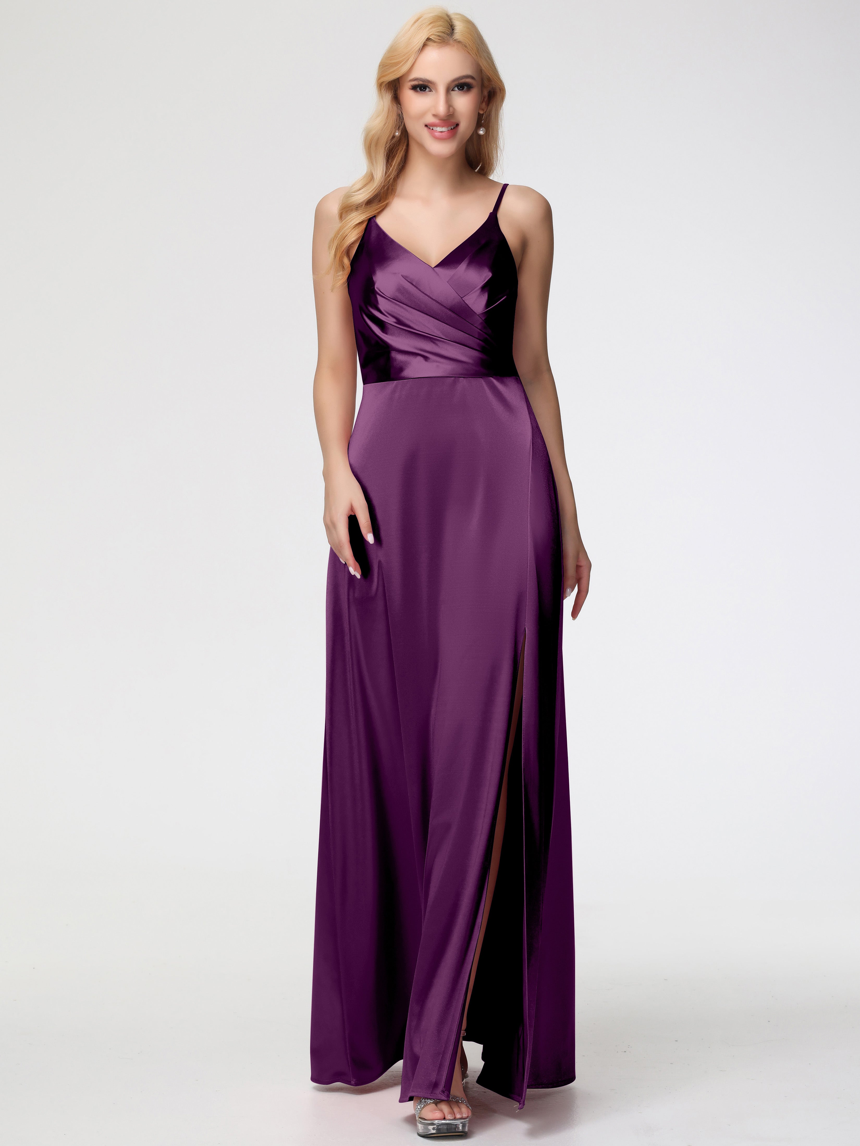 purple and gold prom dresses Grape Color Prom Dresses Spaghetti Straps A-Line V-Neck Pleats Stretch Satin Prom Dresses