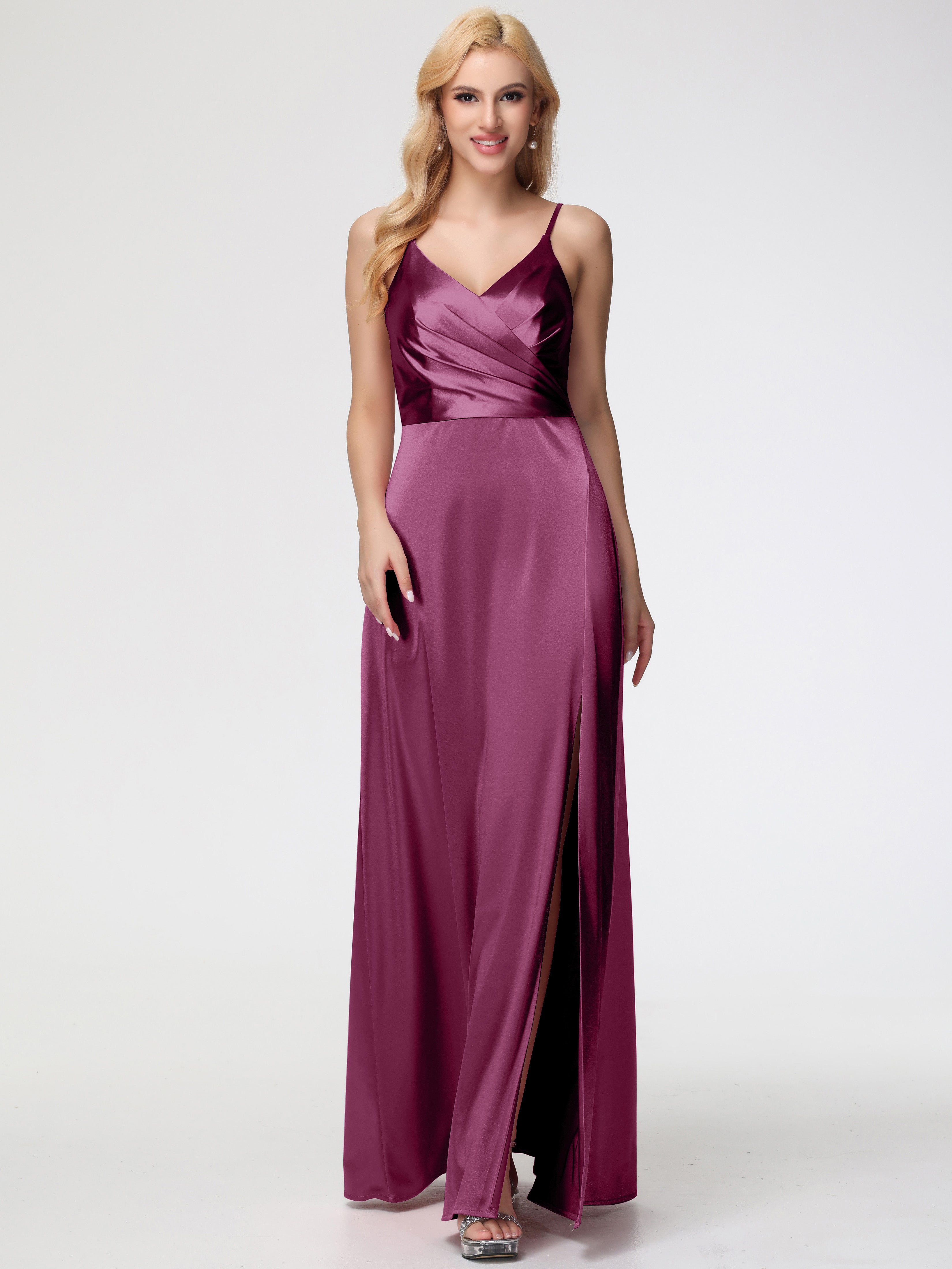 Wedding Mulberry Bridesmaid Dresses Spaghetti Straps A-Line V-Neck Pleats Stretch Satin Bridesmaid Dresses Wedding Mulberry Bridesmaid Dresses Spaghetti Straps A-Line V-Neck Pleats Stretch Satin Bridesmaid Dresses