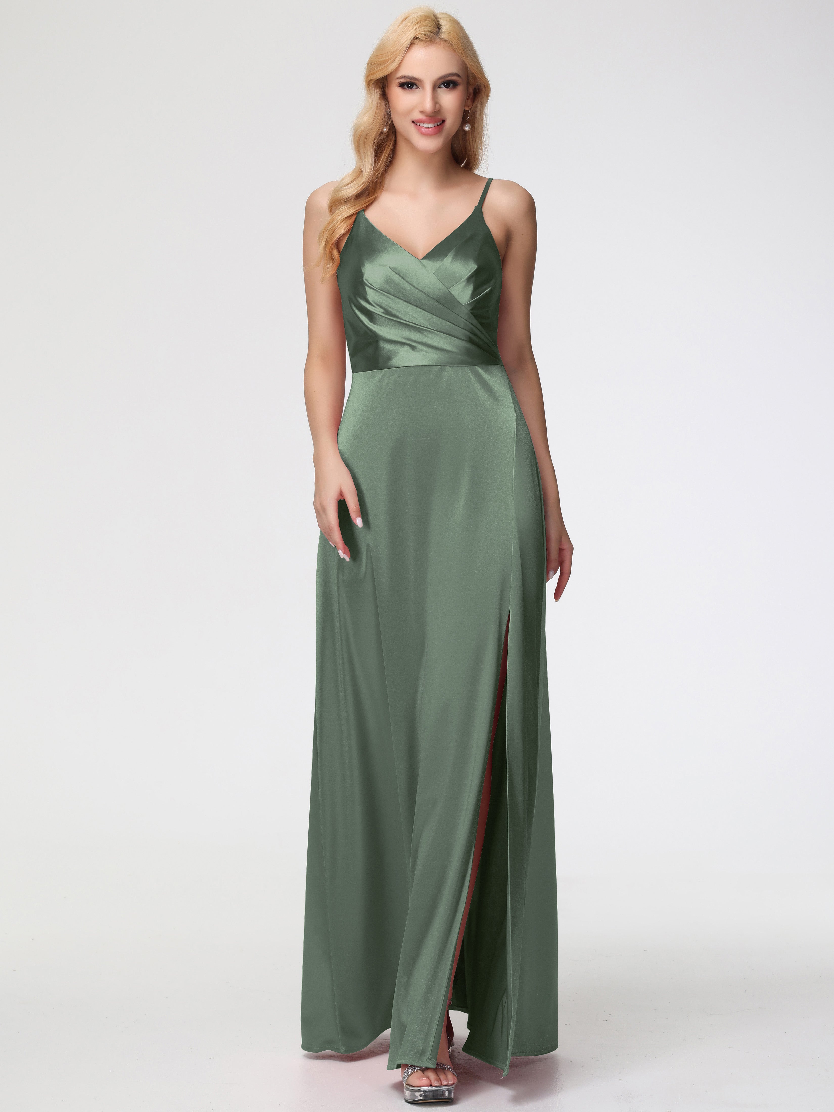 Formal Dress Olive Green Spaghetti Straps A-Line V-Neck Pleats Stretch  Satin Formal Dresses